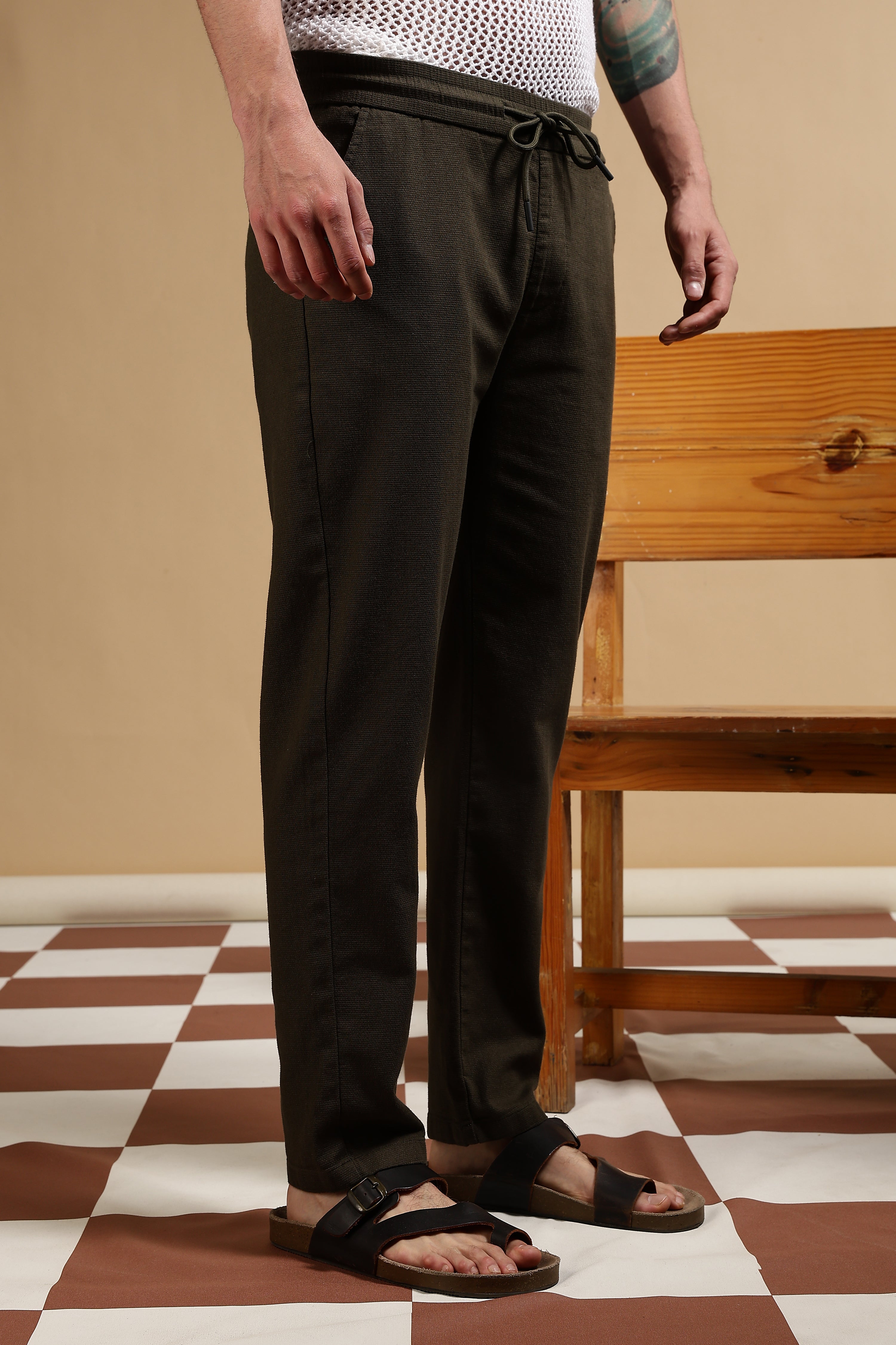 Men Grey Cotton Loose Fit Drawcord Pants