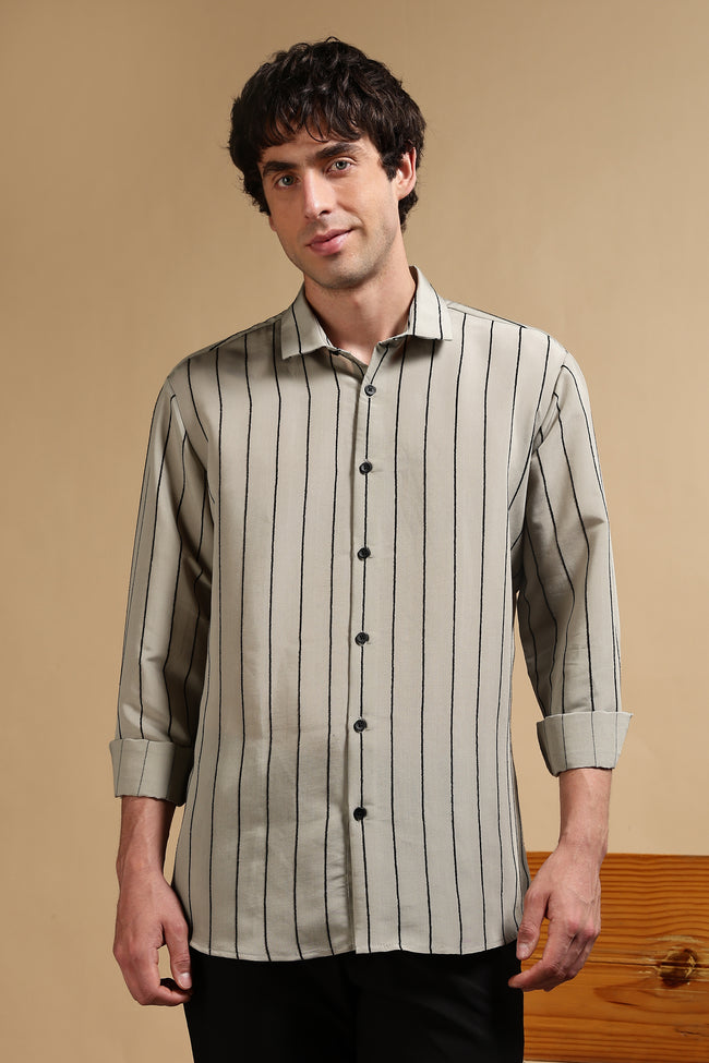 Men Olive Nylon Slim Fit Striped Shirt
