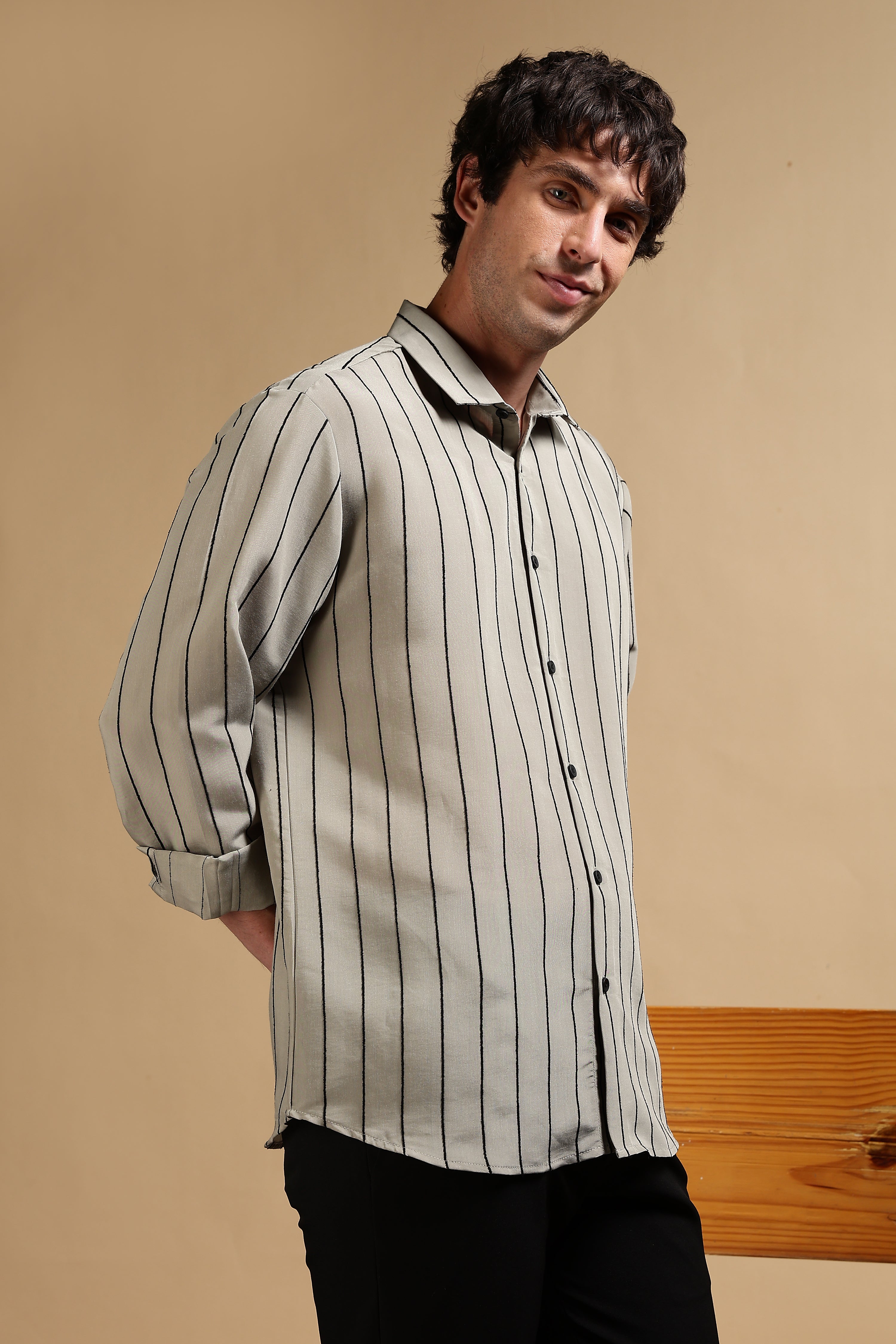 Men Olive Nylon Slim Fit Striped Shirt