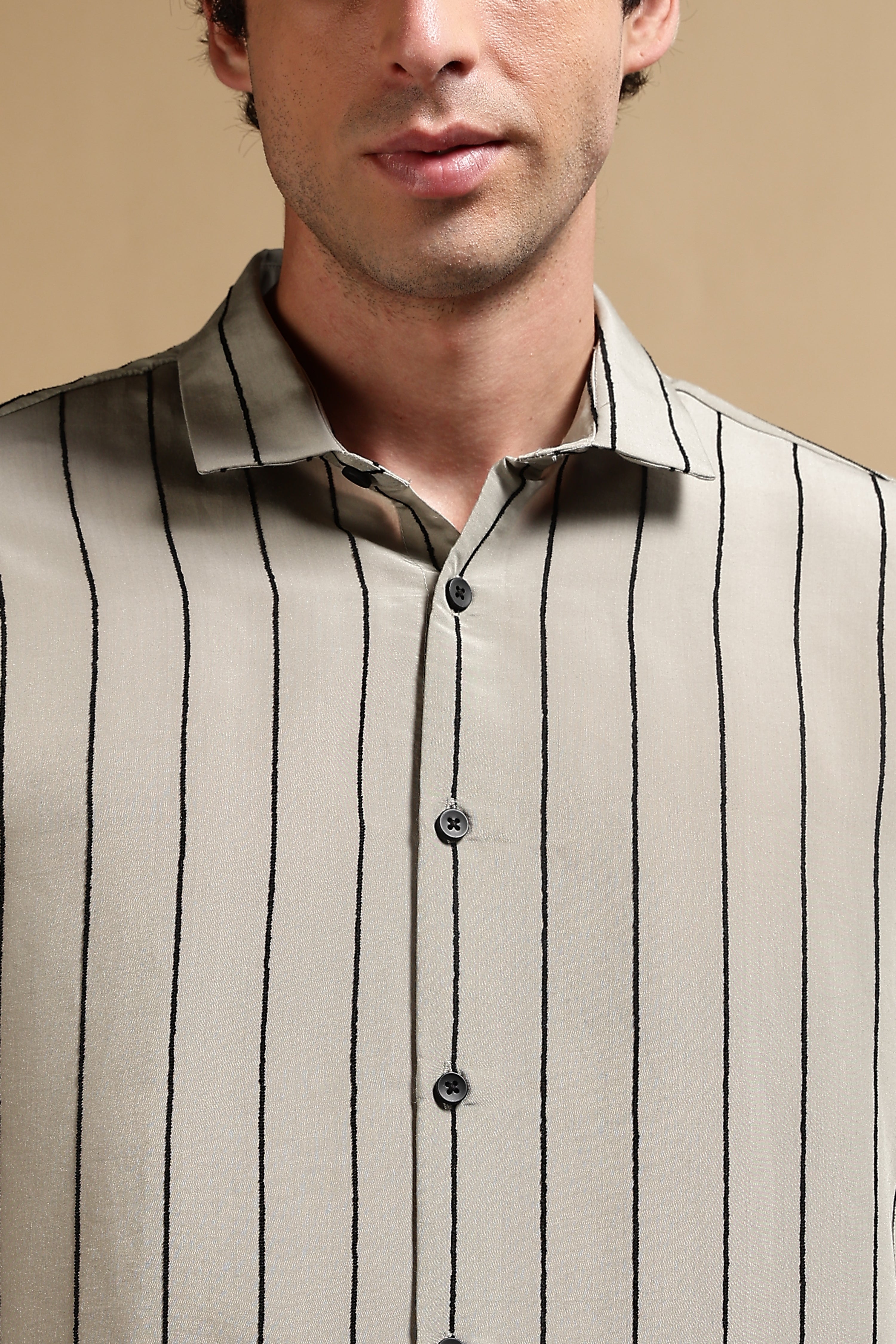 Men Olive Nylon Slim Fit Striped Shirt