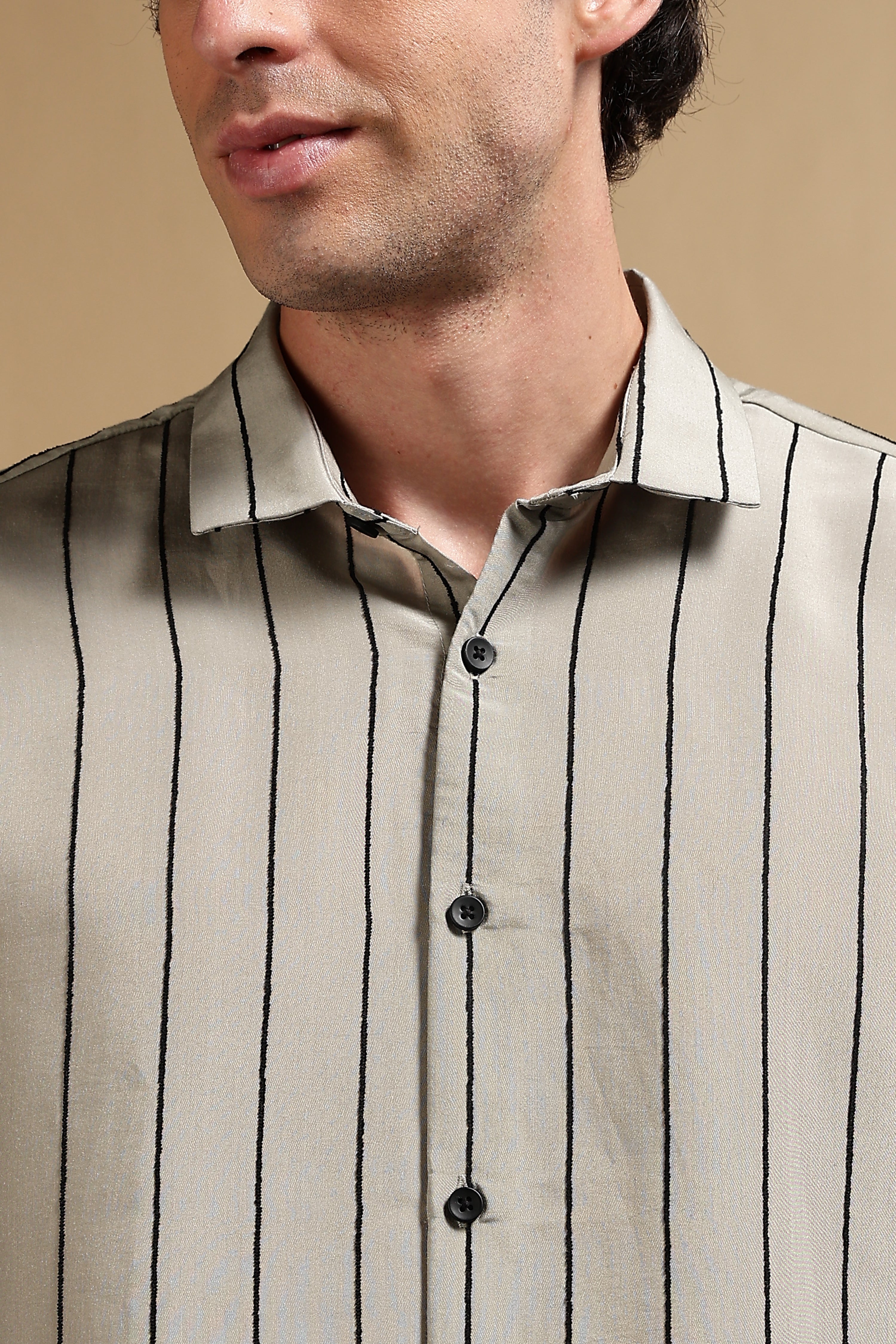 Men Olive Nylon Slim Fit Striped Shirt