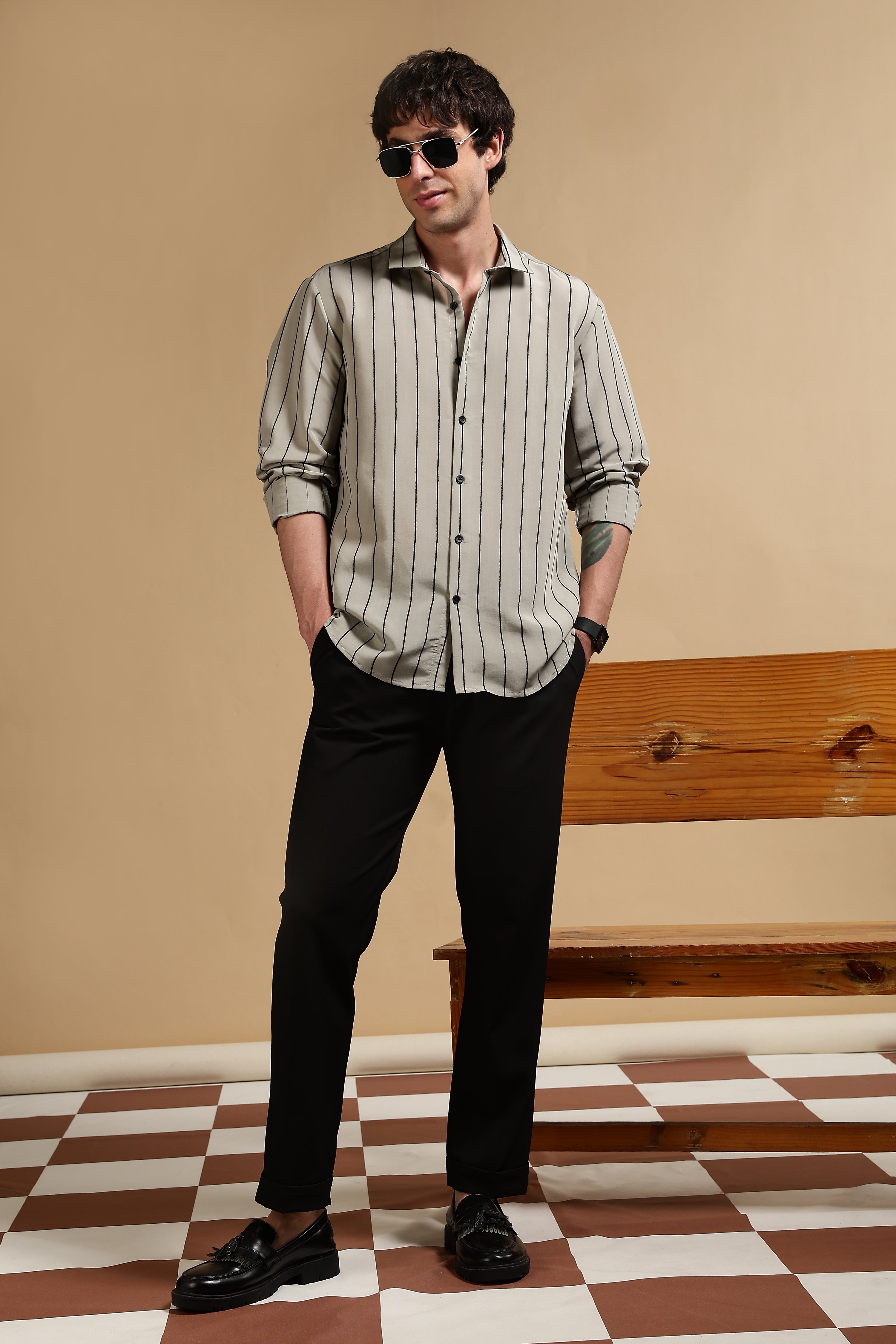 Men Olive Nylon Slim Fit Striped Shirt