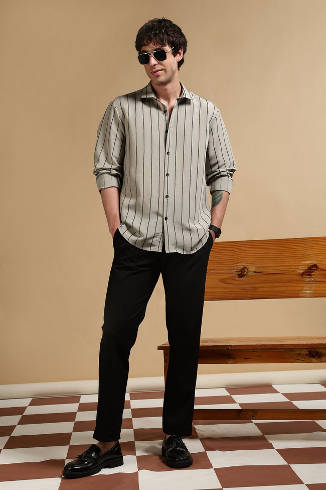 Men Olive Nylon Slim Fit Striped Shirt