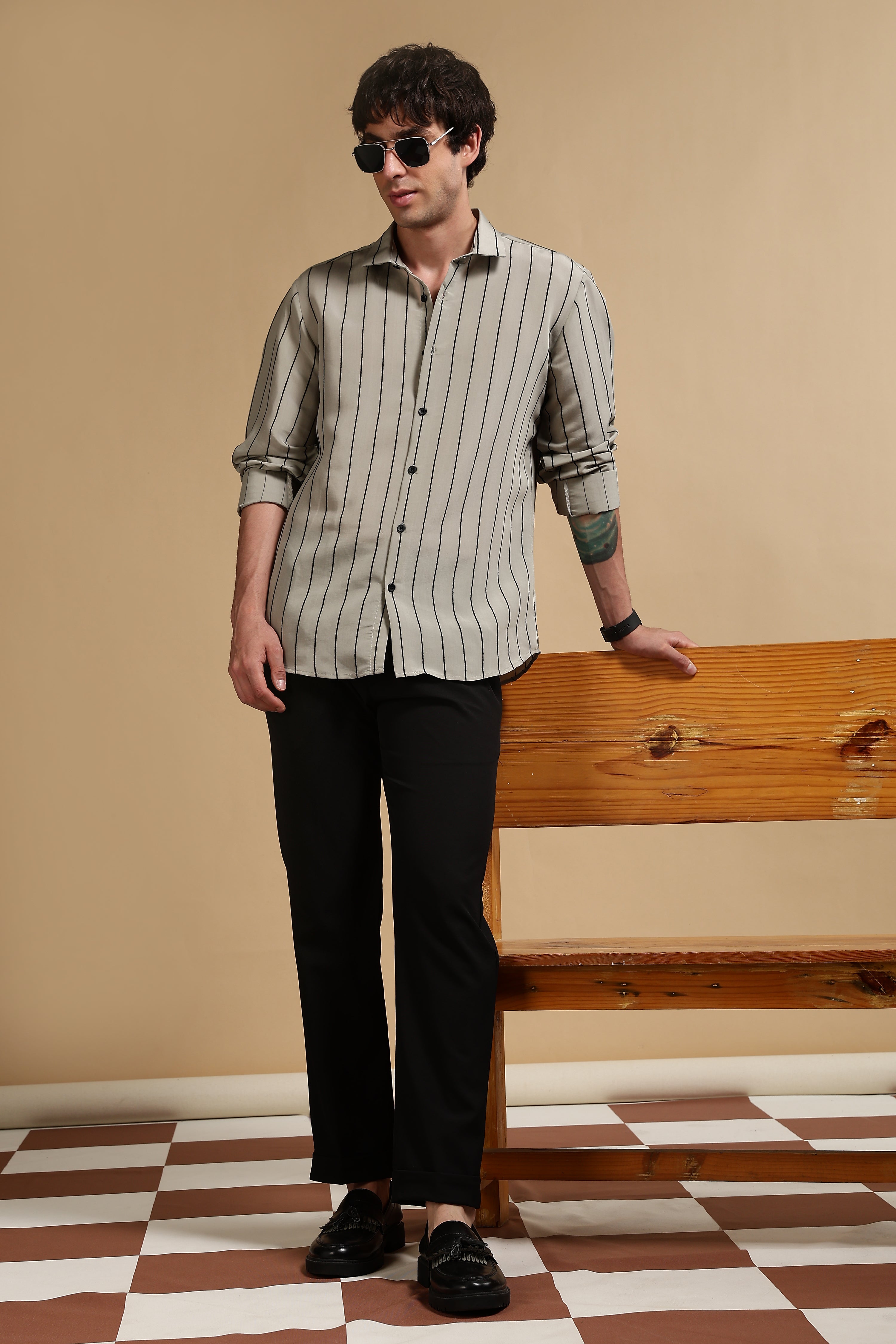 Men Olive Nylon Slim Fit Striped Shirt