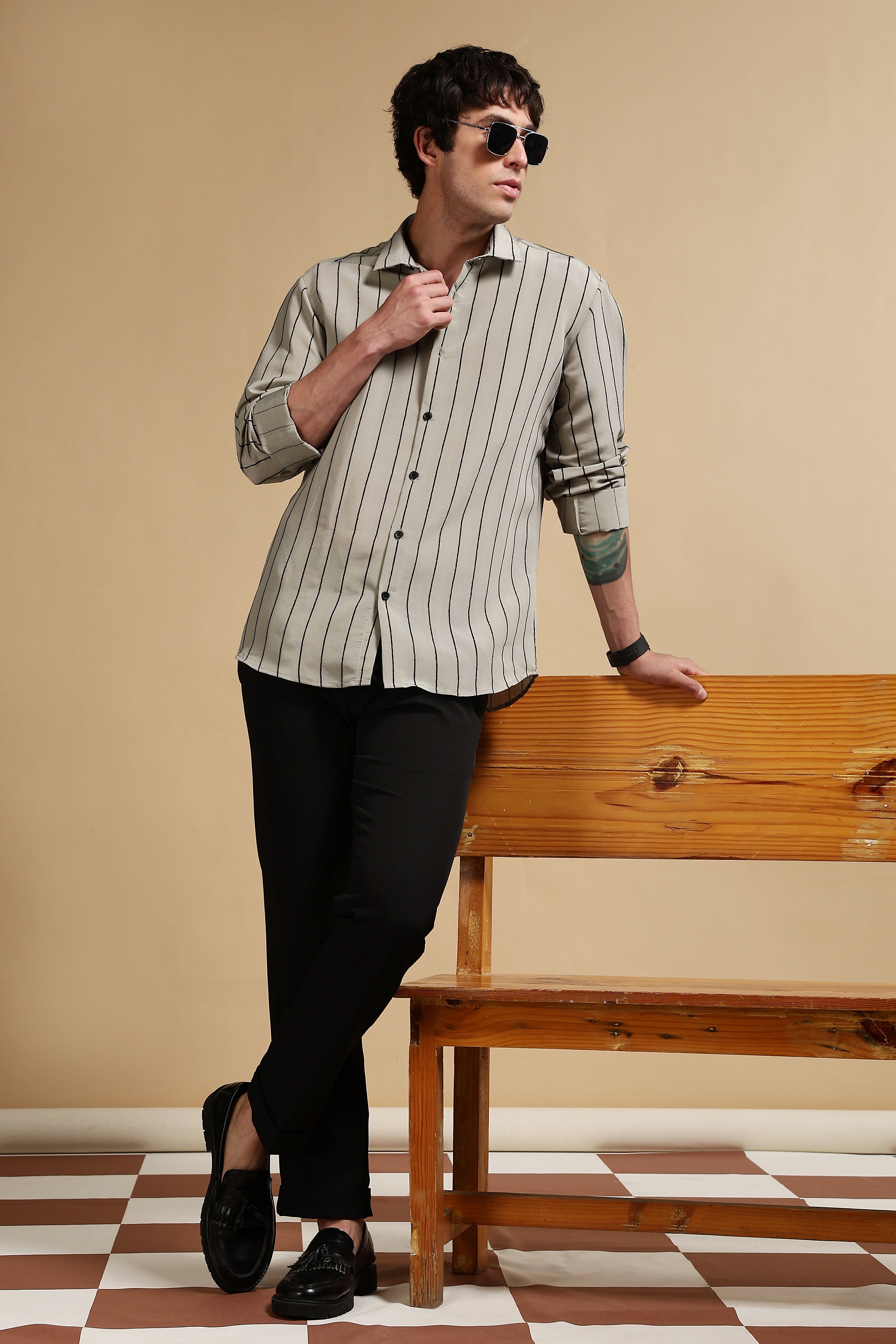 Men Olive Nylon Slim Fit Striped Shirt
