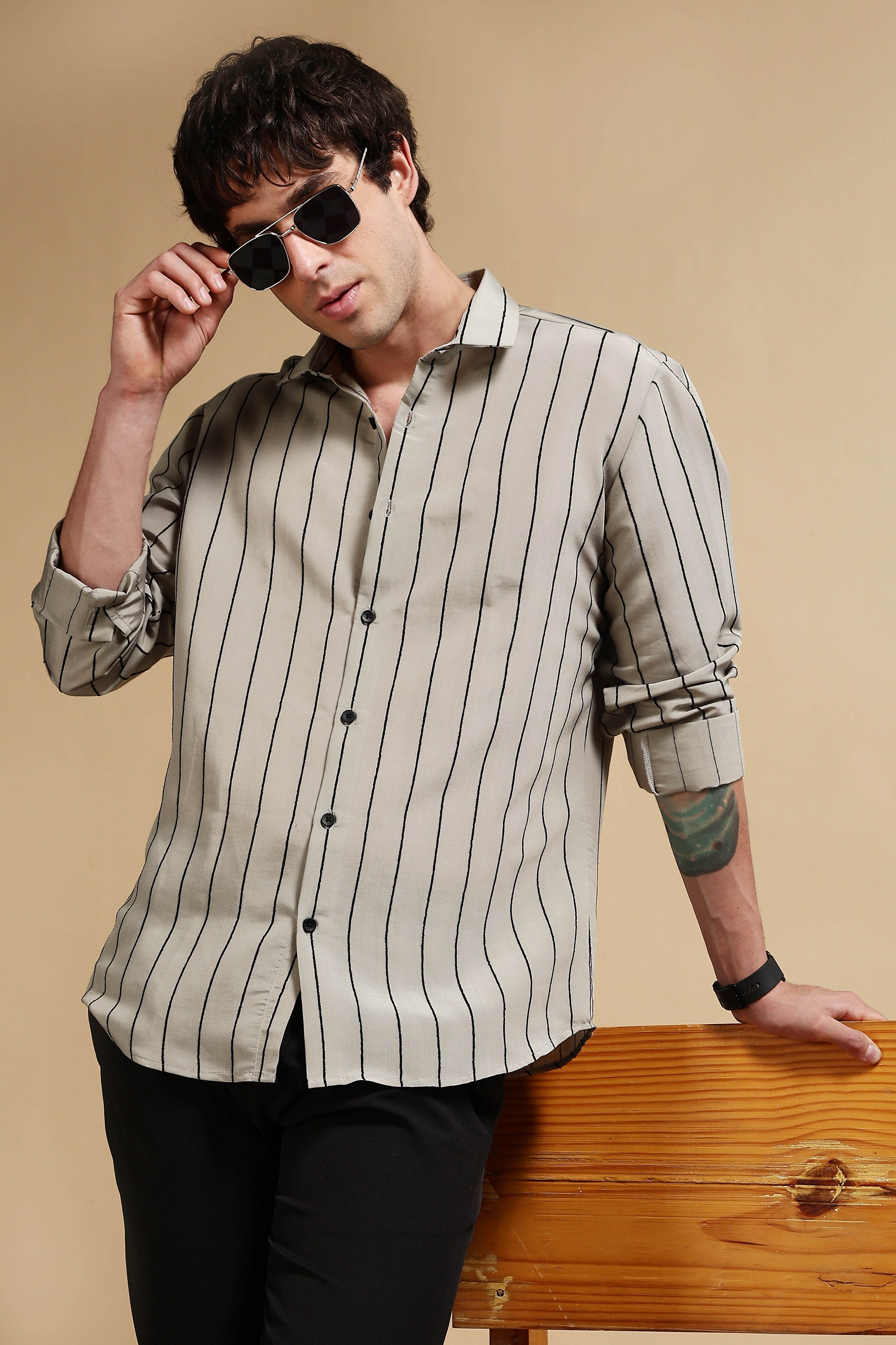 Men Olive Nylon Slim Fit Striped Shirt