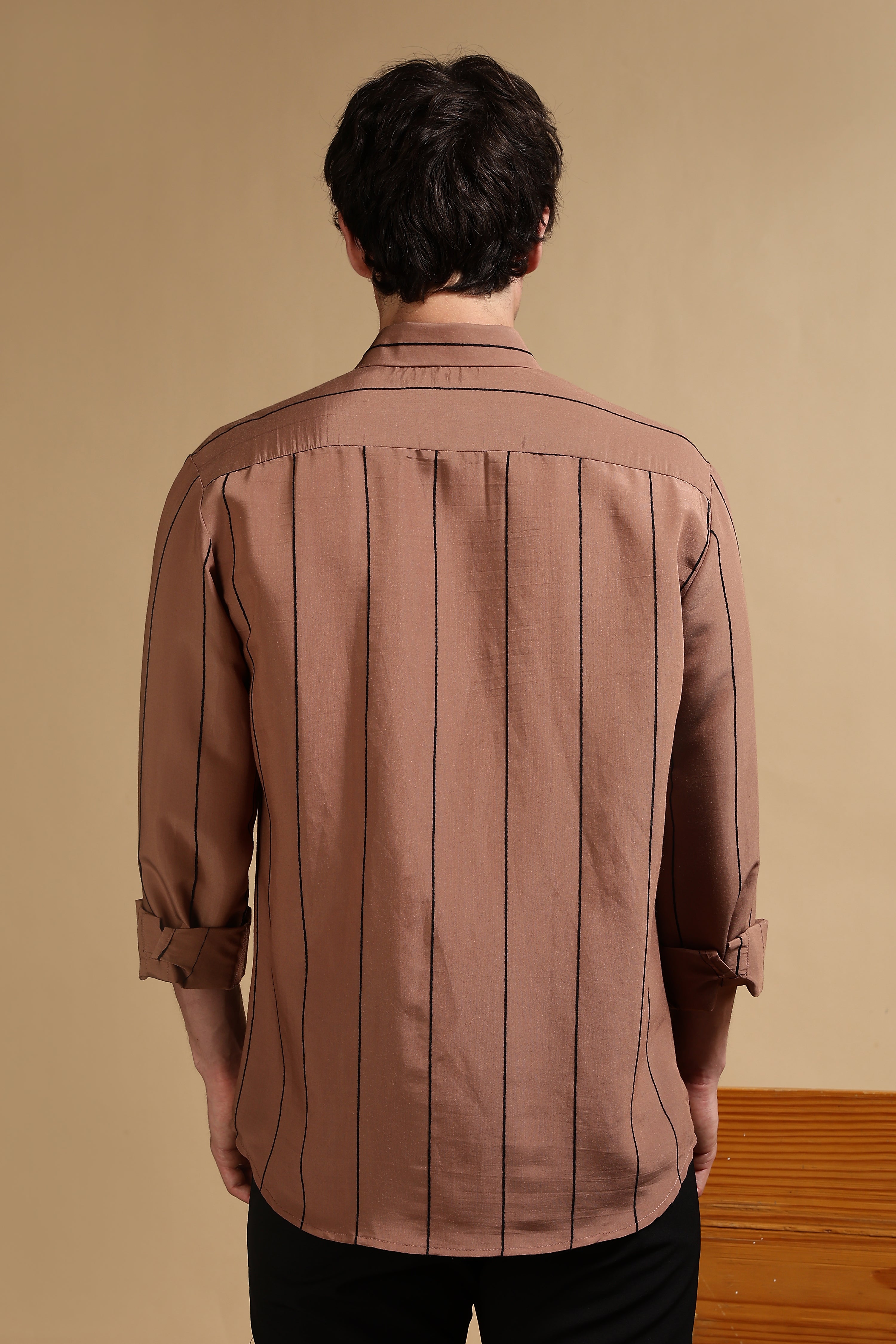 Men Brown Nylon Slim Fit Striped Shirt