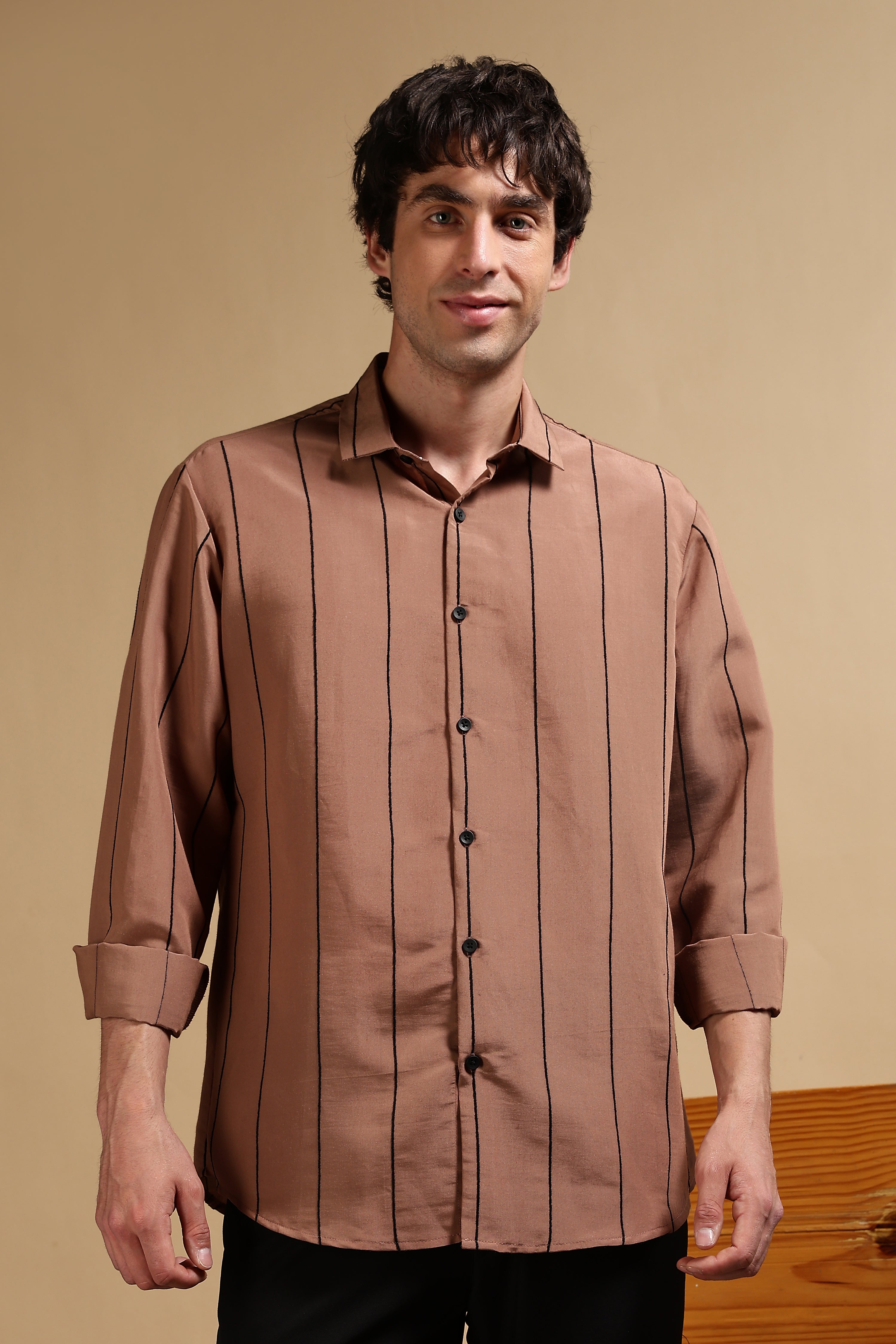Men Brown Nylon Slim Fit Striped Shirt