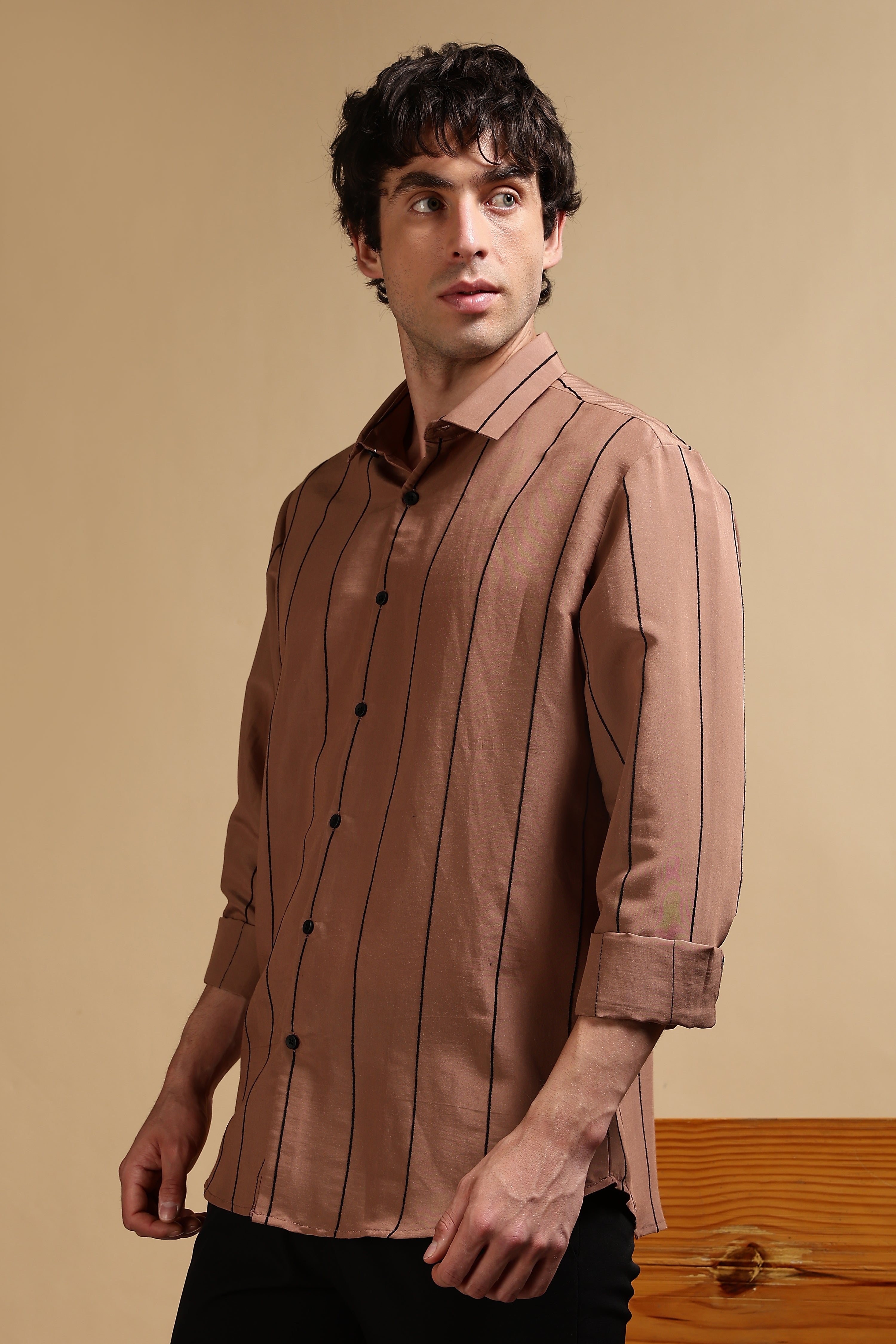 Men Brown Nylon Slim Fit Striped Shirt