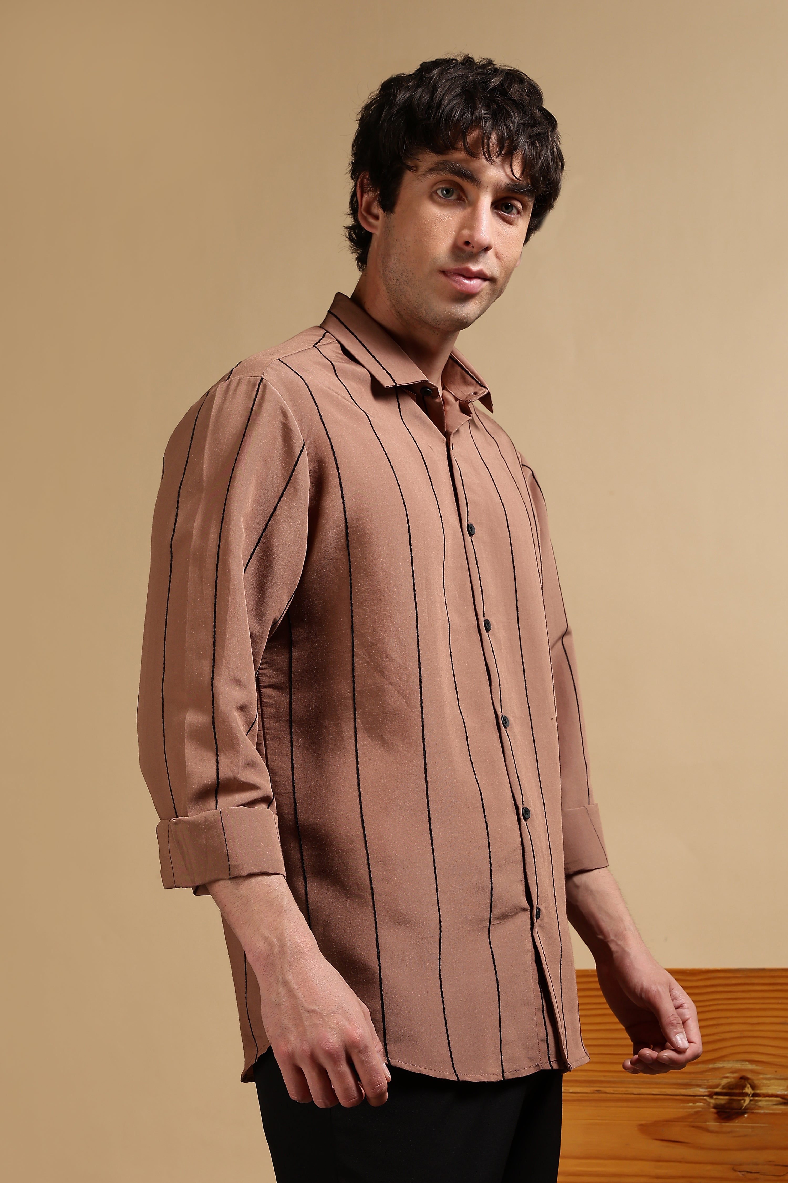 Men Brown Nylon Slim Fit Striped Shirt
