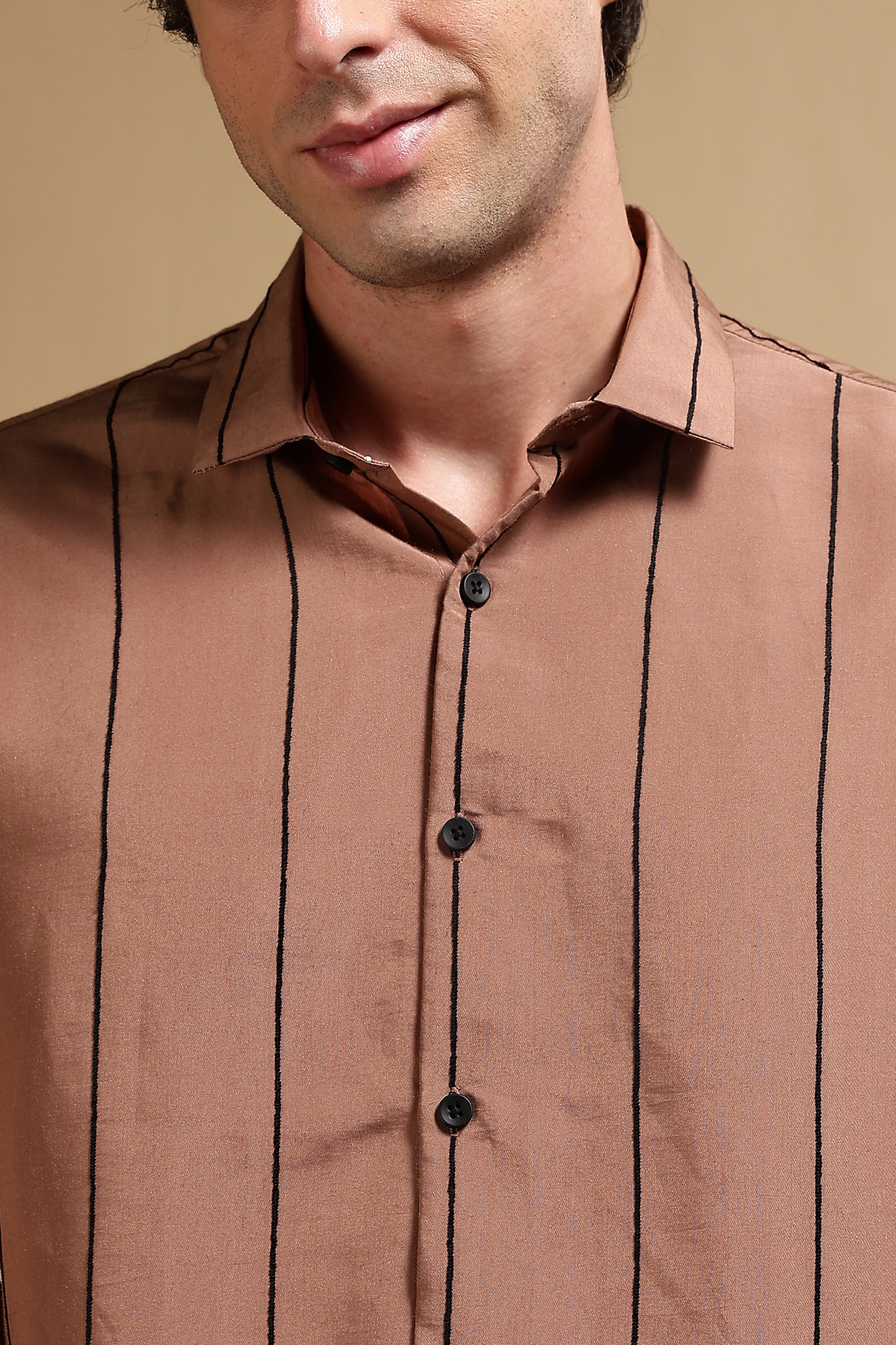 Men Brown Nylon Slim Fit Striped Shirt