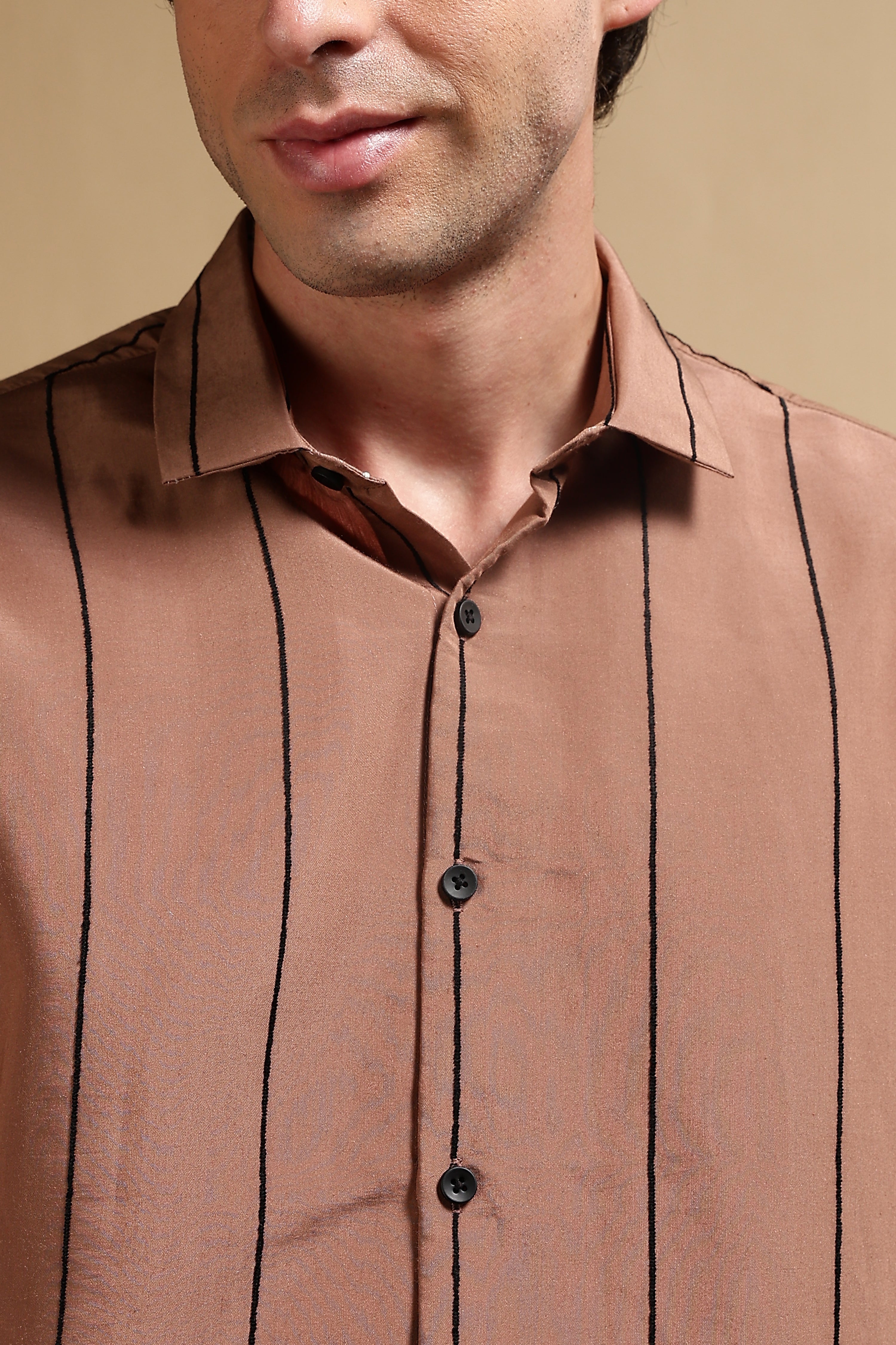 Men Brown Nylon Slim Fit Striped Shirt