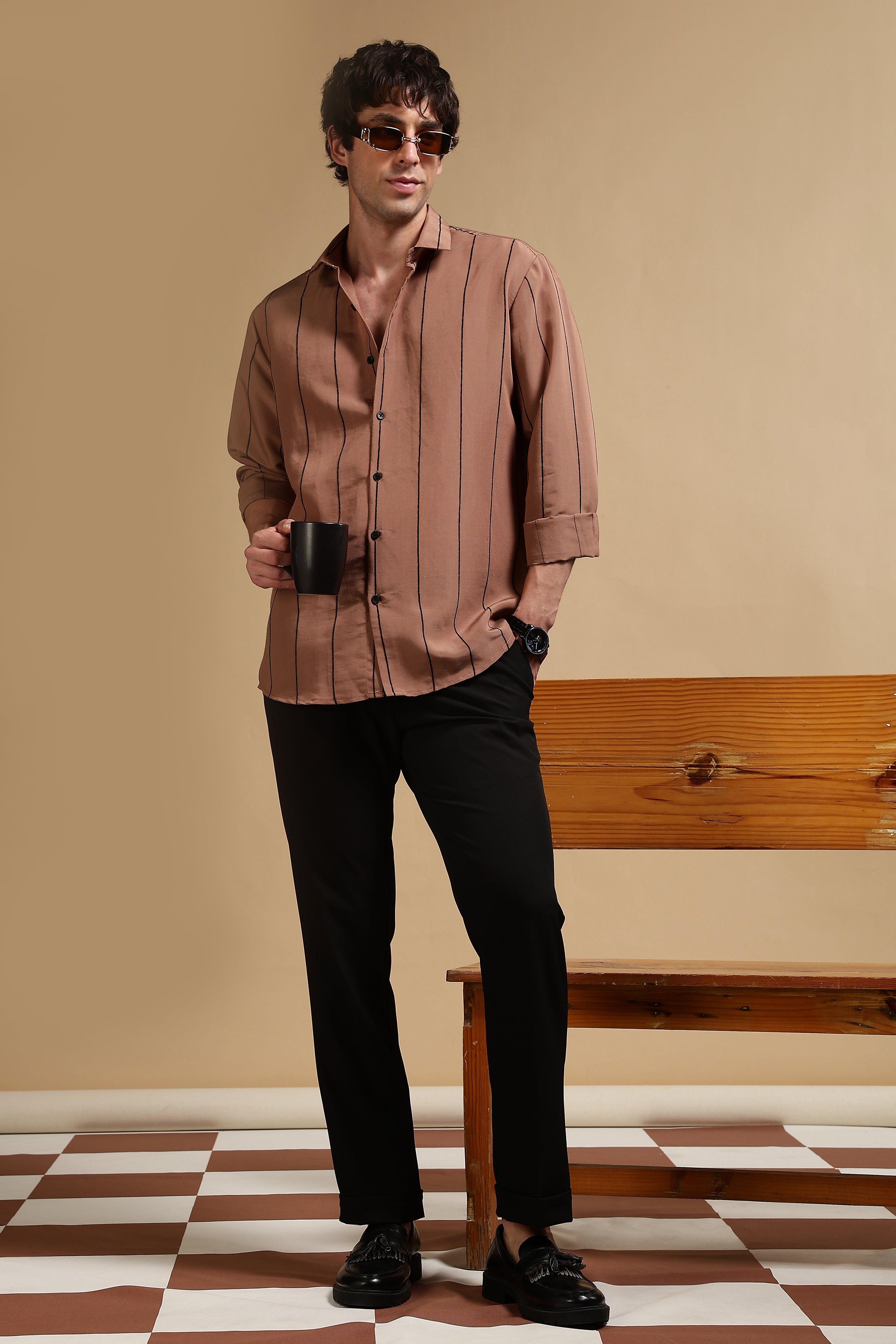 Men Brown Nylon Slim Fit Striped Shirt