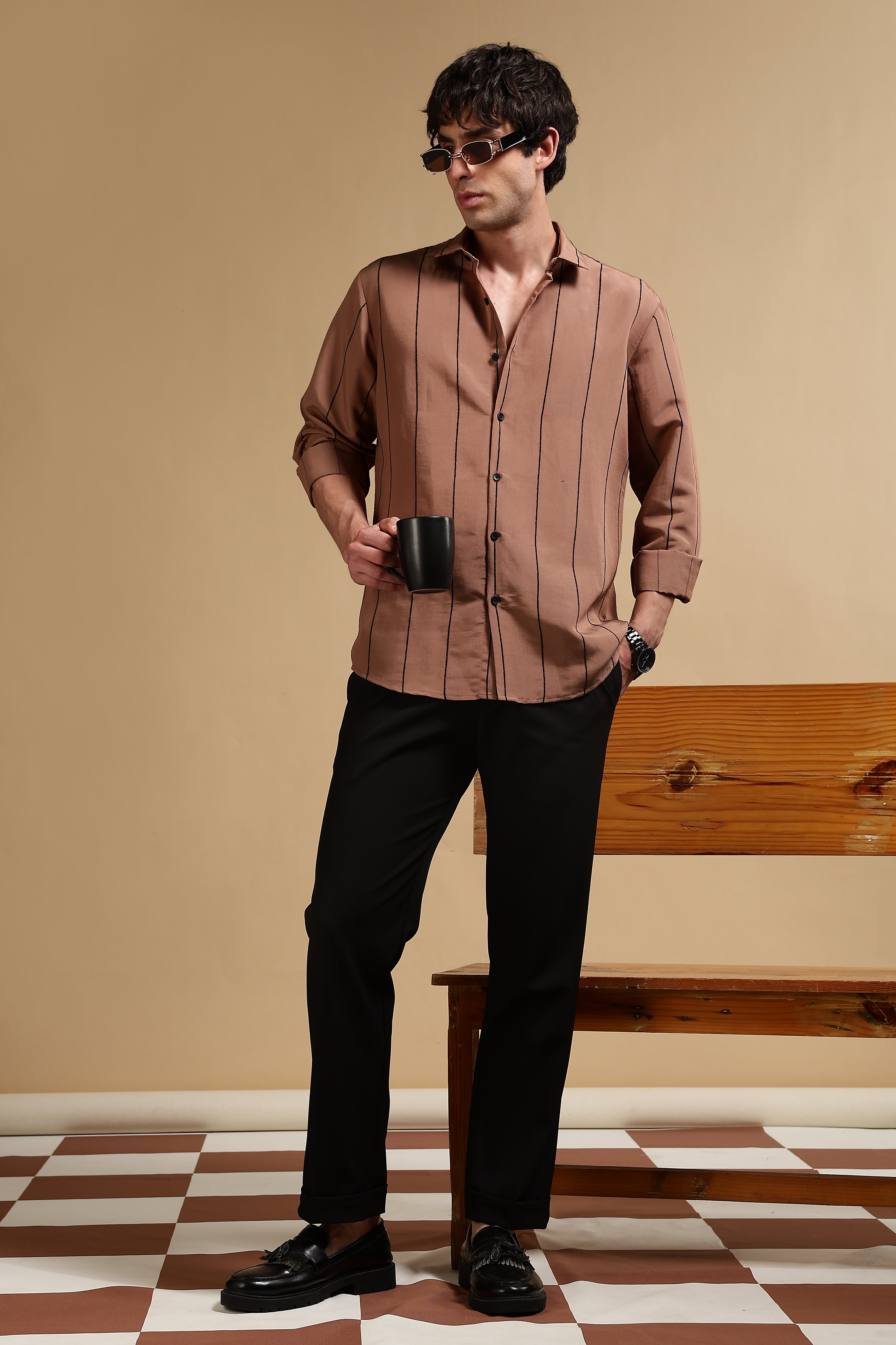 Men Brown Nylon Slim Fit Striped Shirt