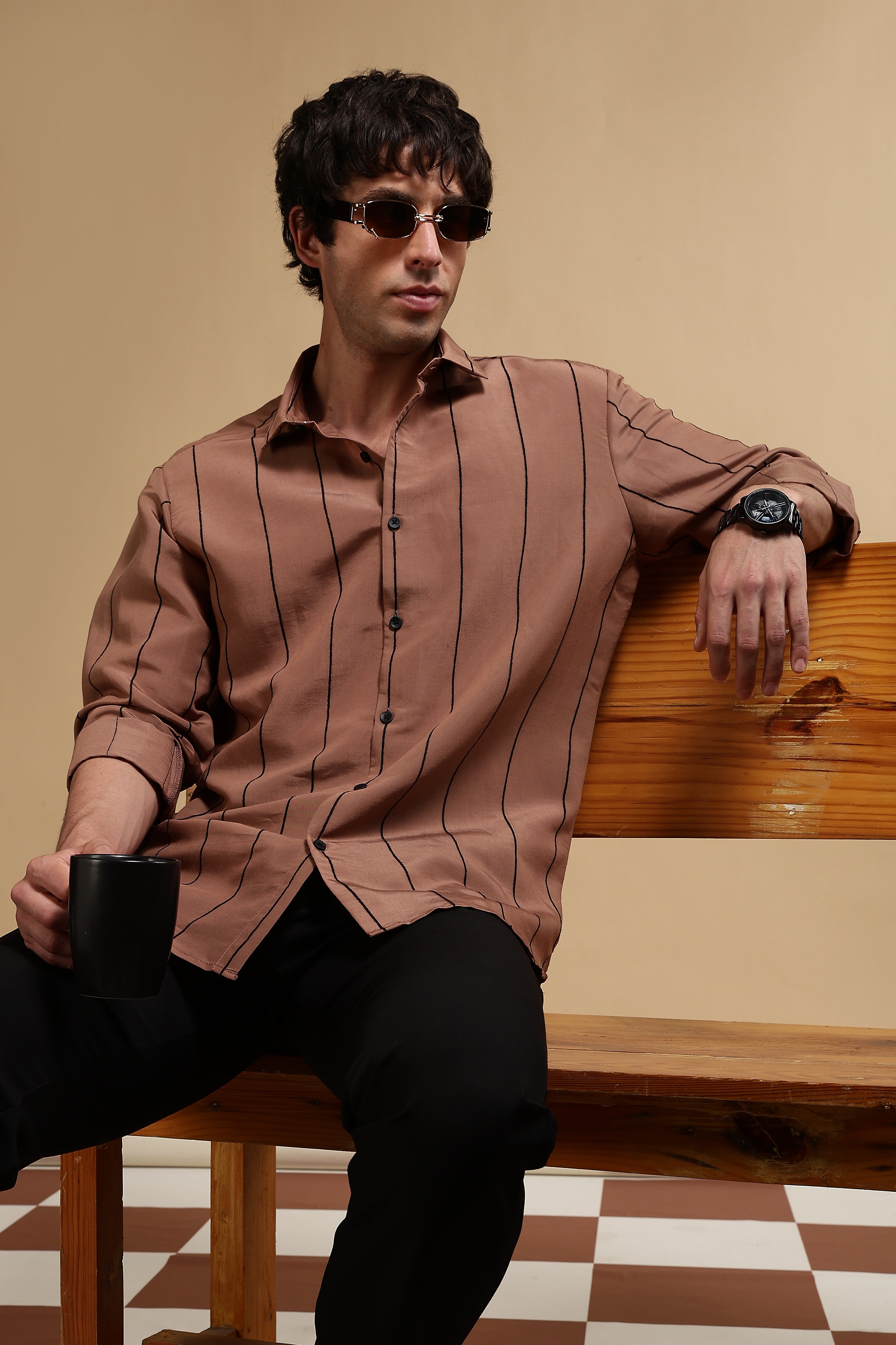 Men Brown Nylon Slim Fit Striped Shirt