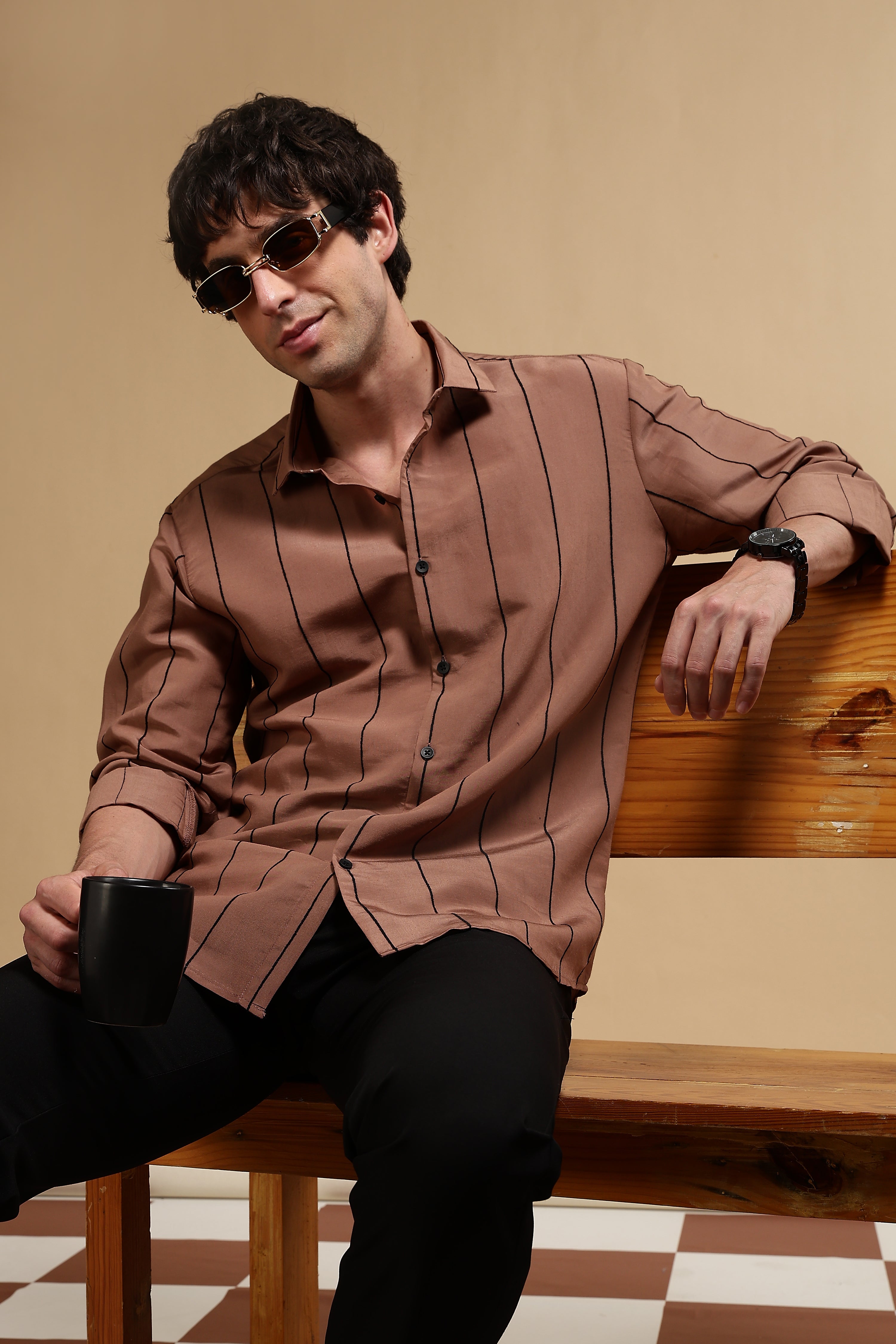 Men Brown Nylon Slim Fit Striped Shirt
