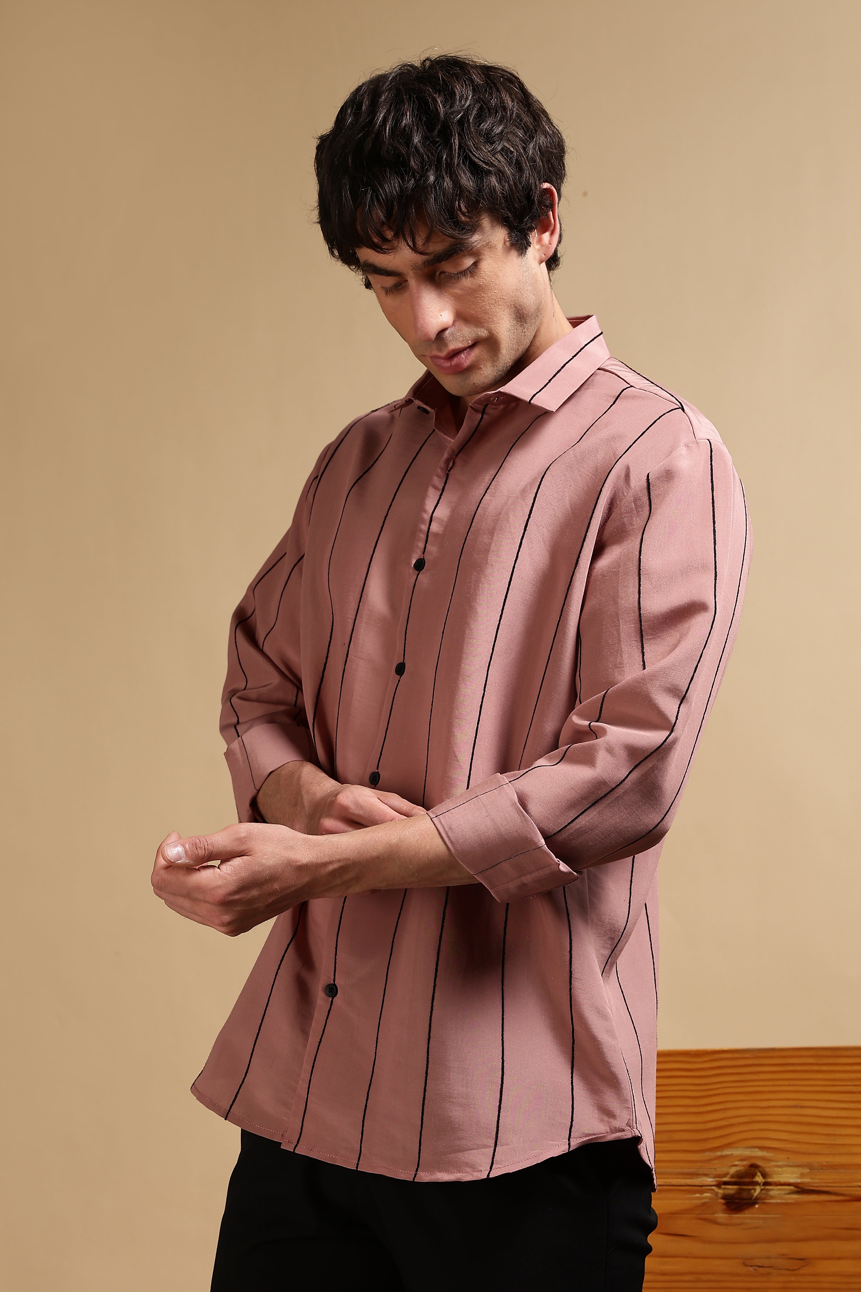 Men Pink Nylon Slim Fit Striped Shirt