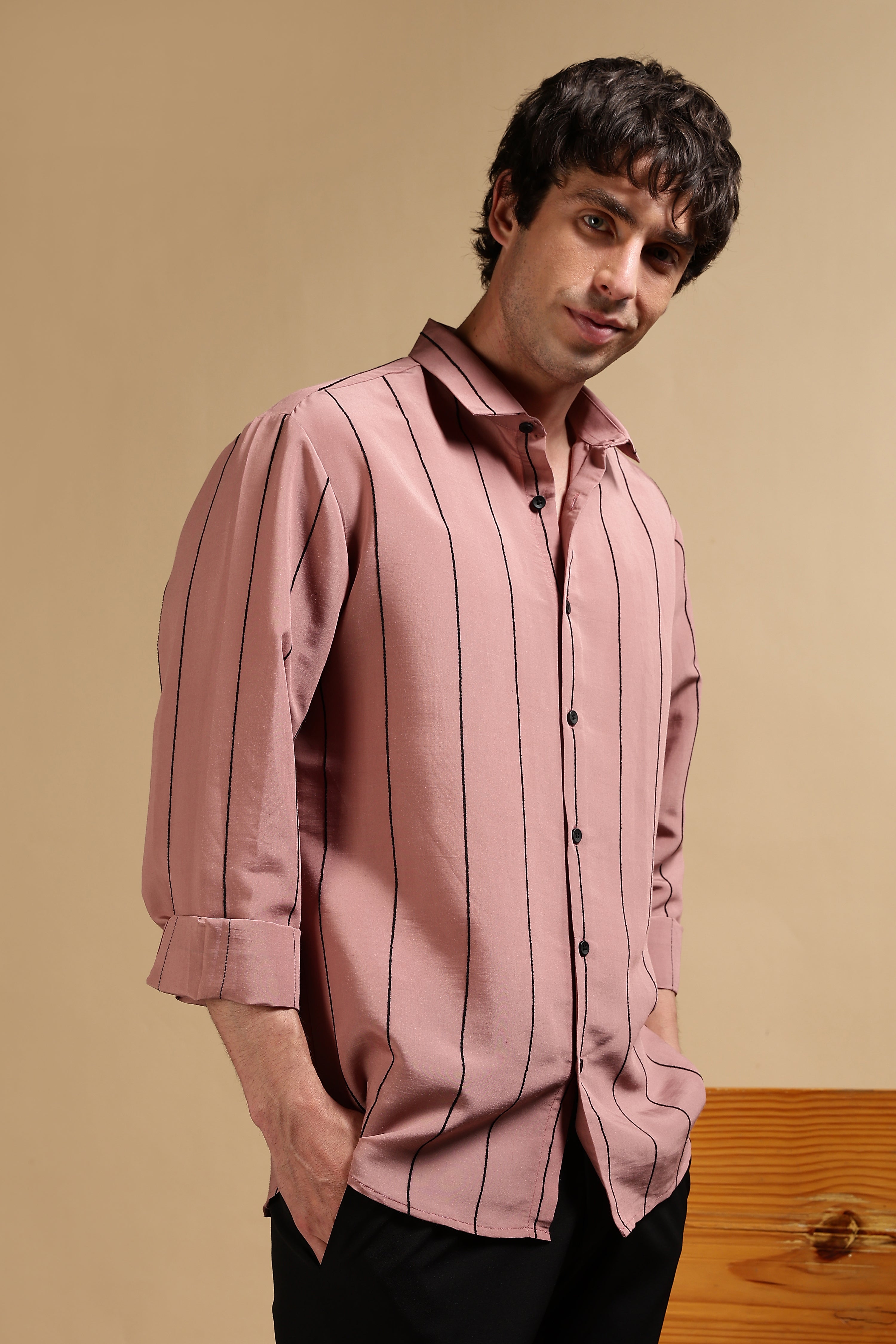 Men Pink Nylon Slim Fit Striped Shirt