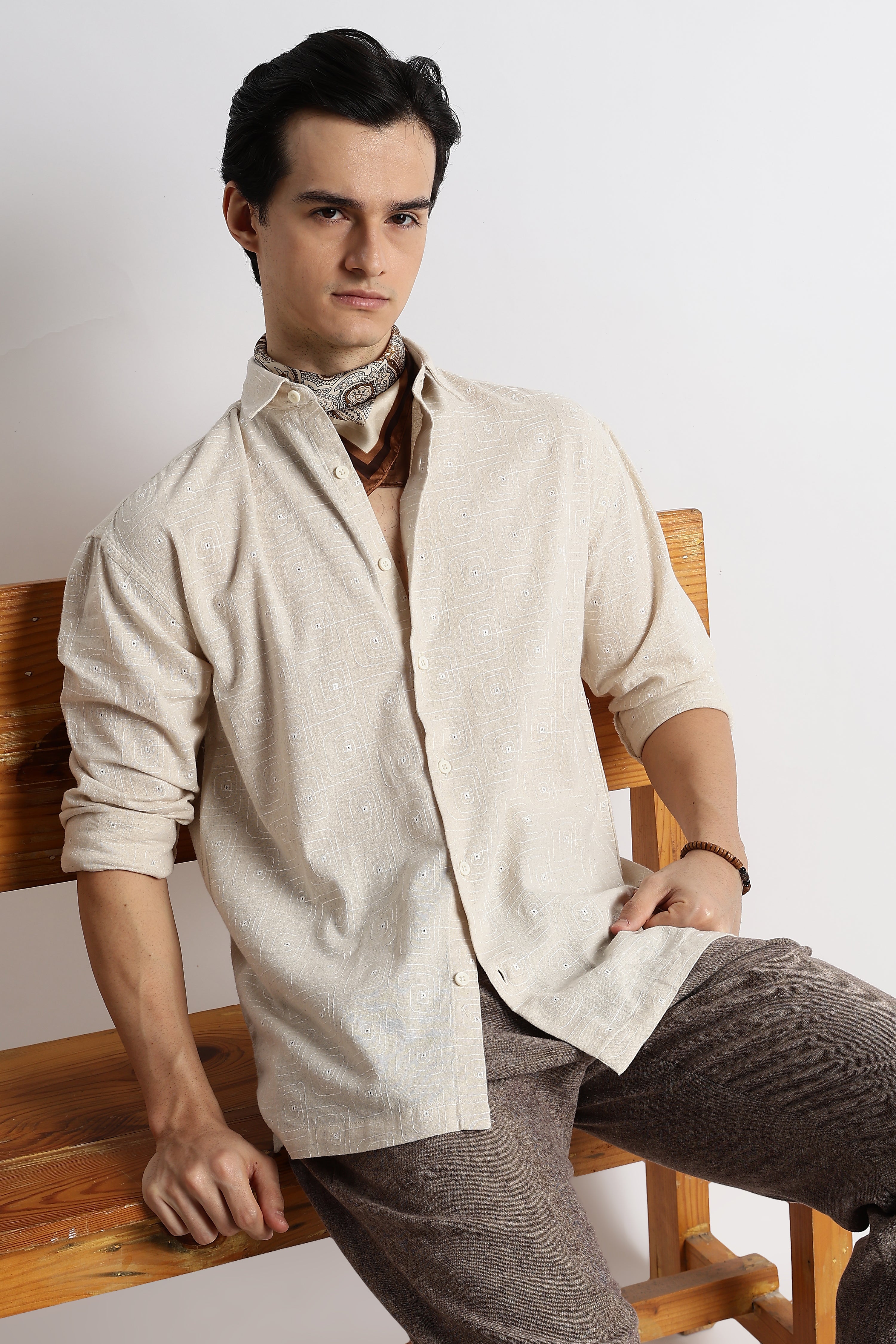 Men Natural Embroidered Cotton Shirt