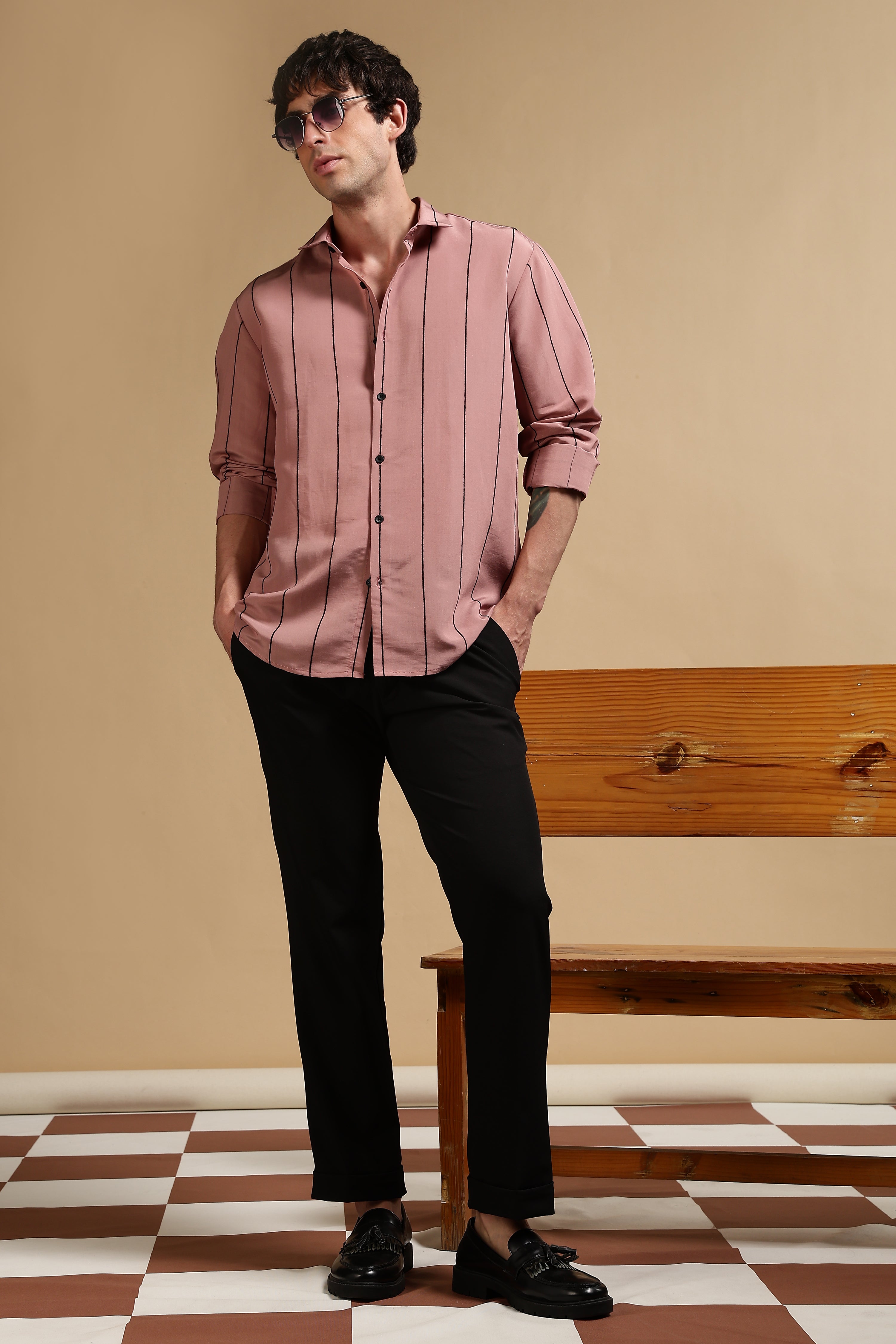Men Pink Nylon Slim Fit Striped Shirt