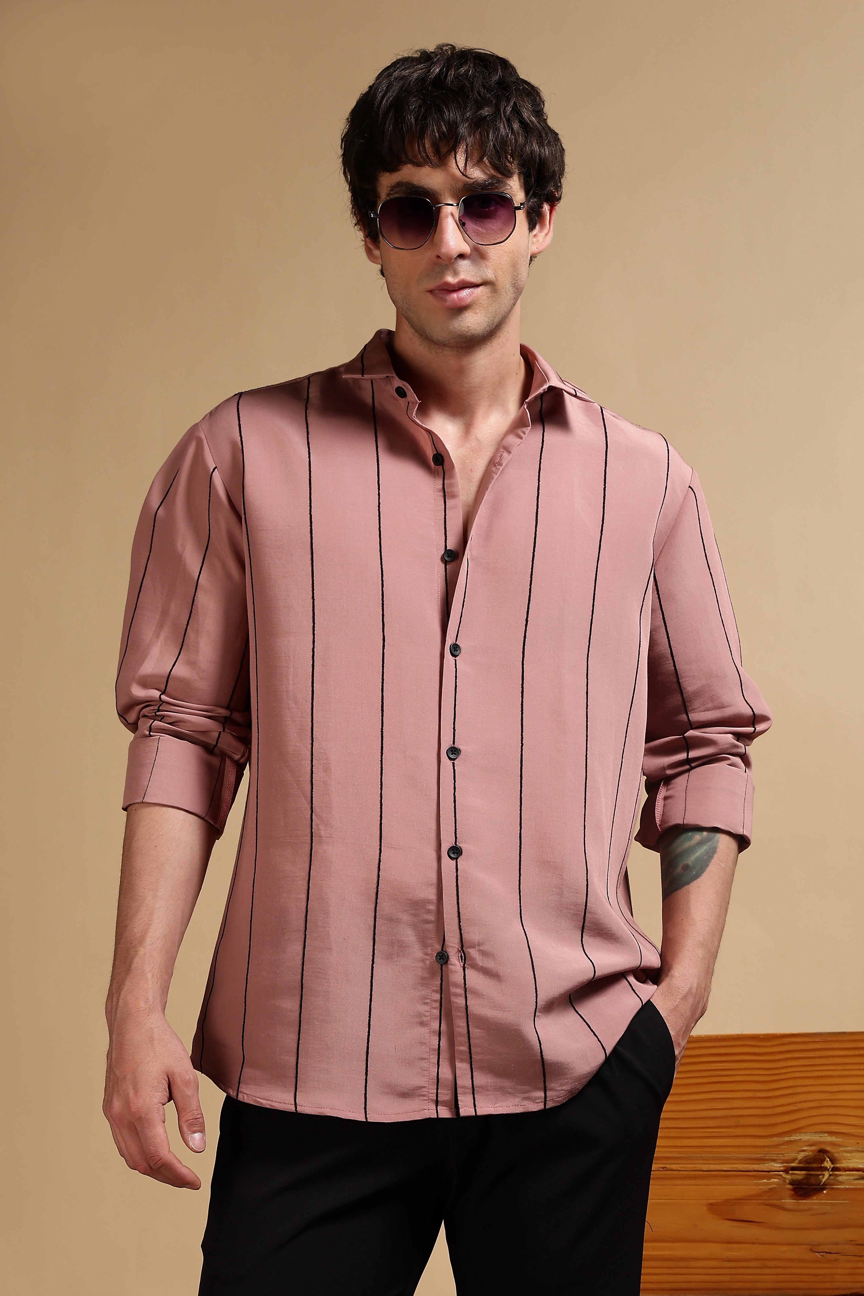Men Pink Nylon Slim Fit Striped Shirt