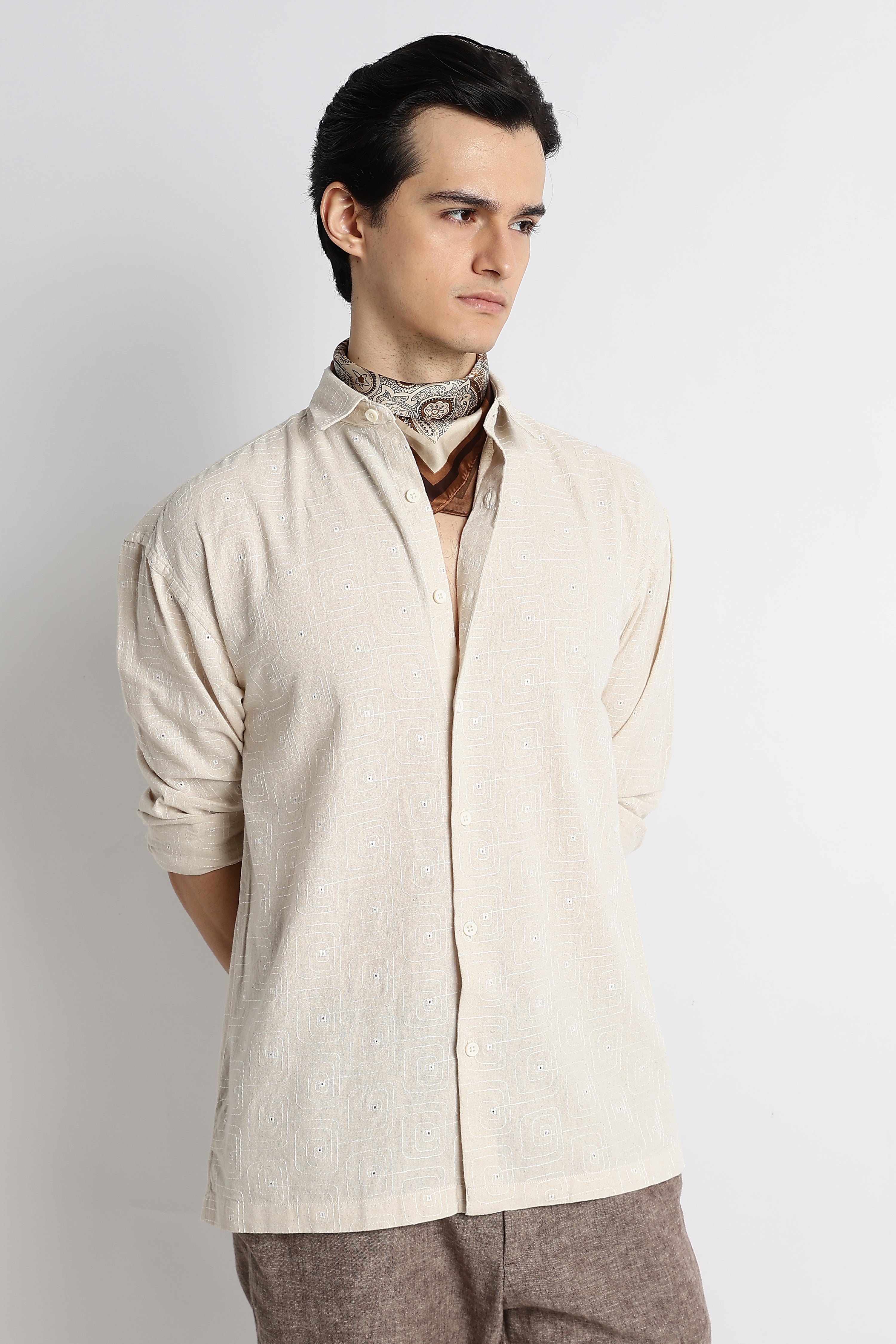 Men Natural Embroidered Cotton Shirt