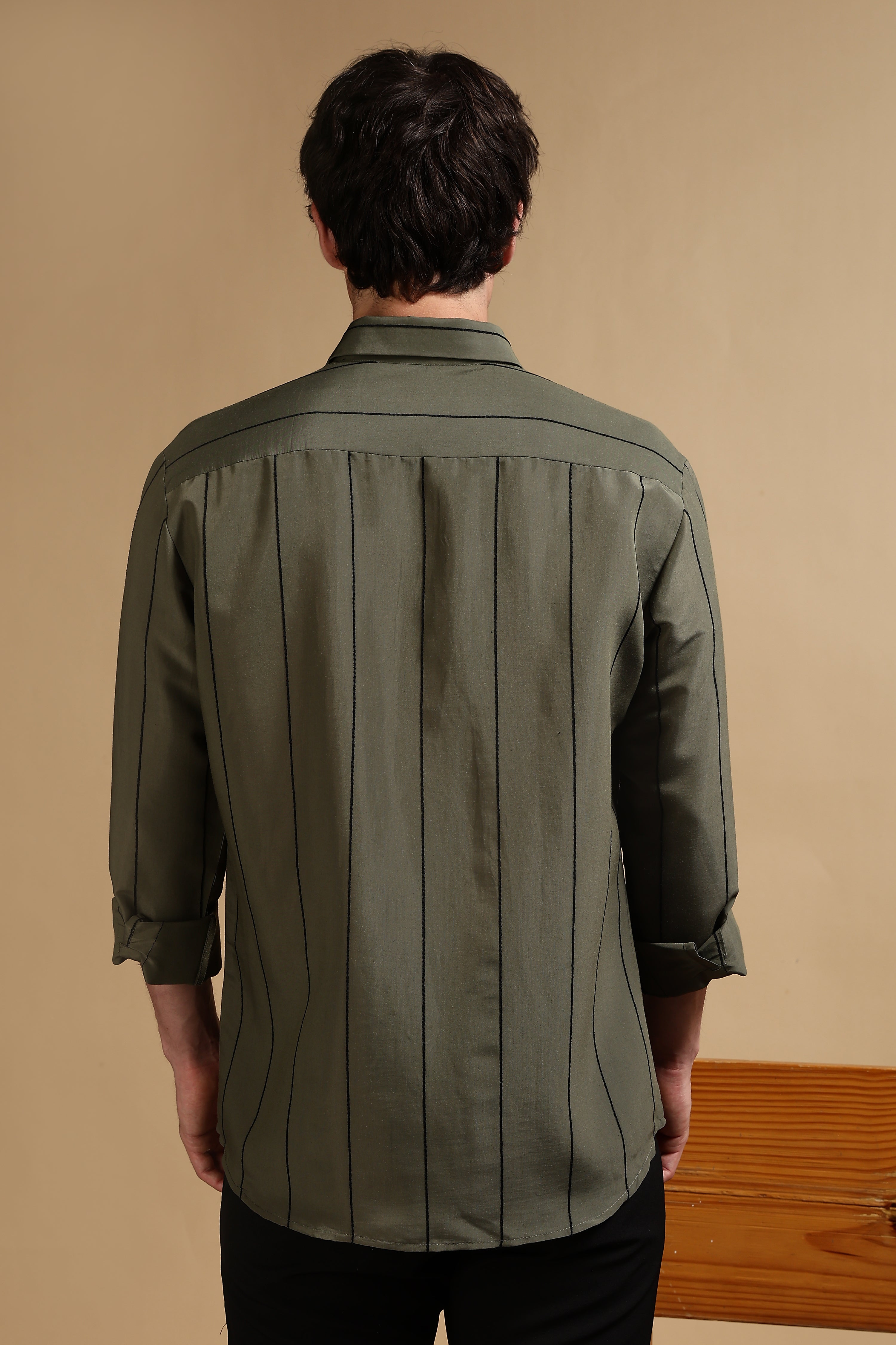Men Olive Nylon Slim Fit Striped Shirt