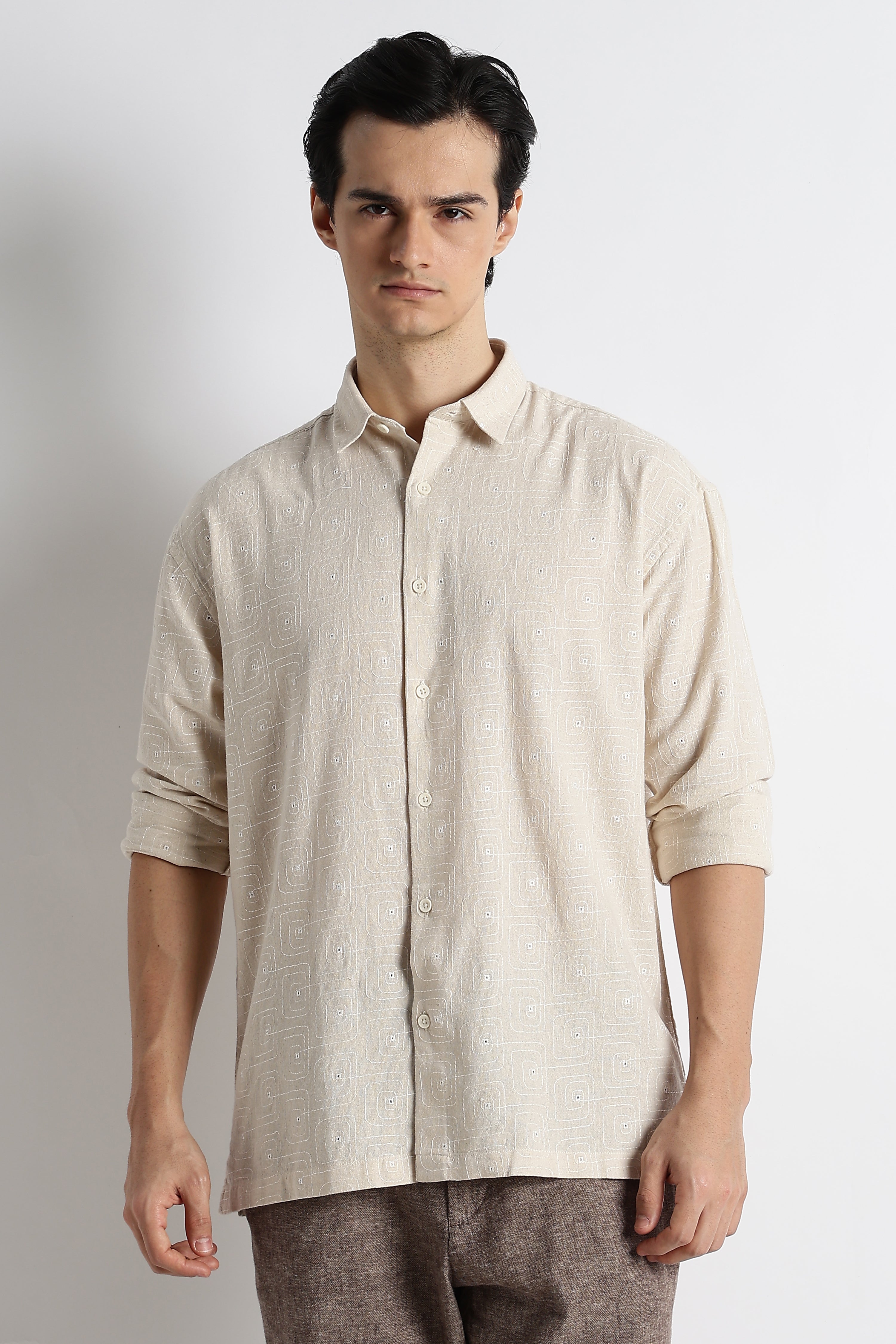 Men Natural Embroidered Cotton Shirt