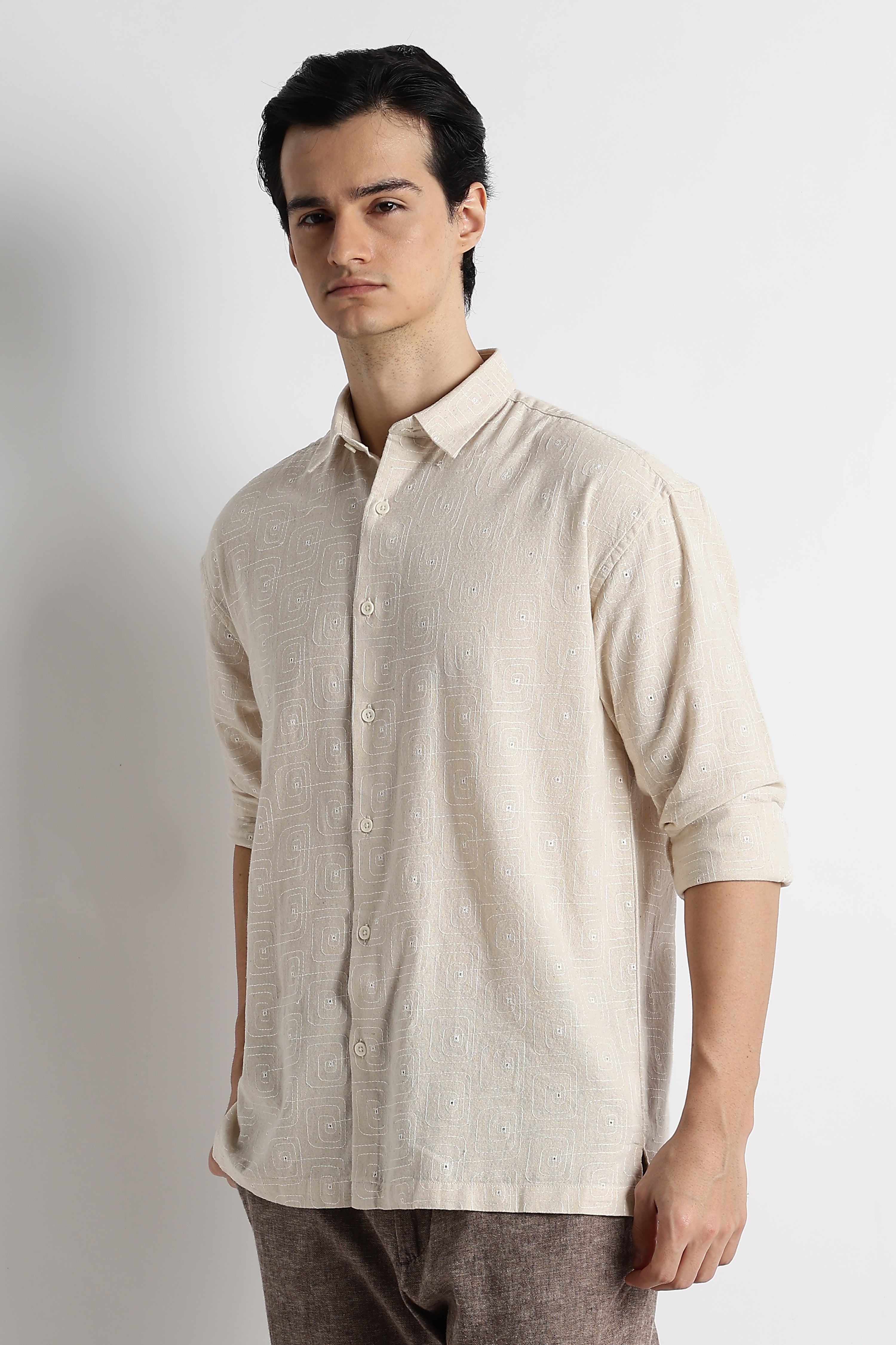 Men Natural Embroidered Cotton Shirt
