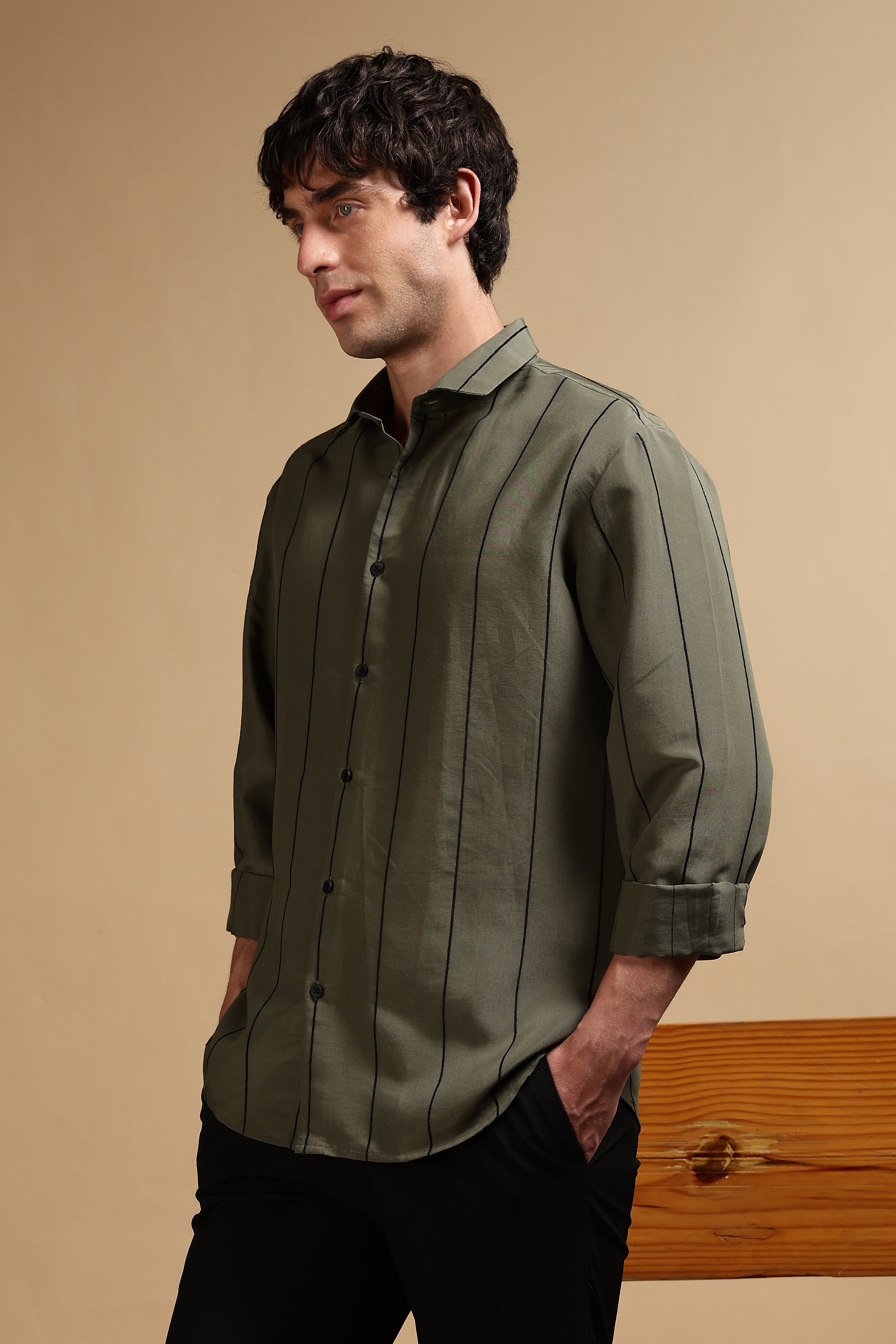 Men Olive Nylon Slim Fit Striped Shirt