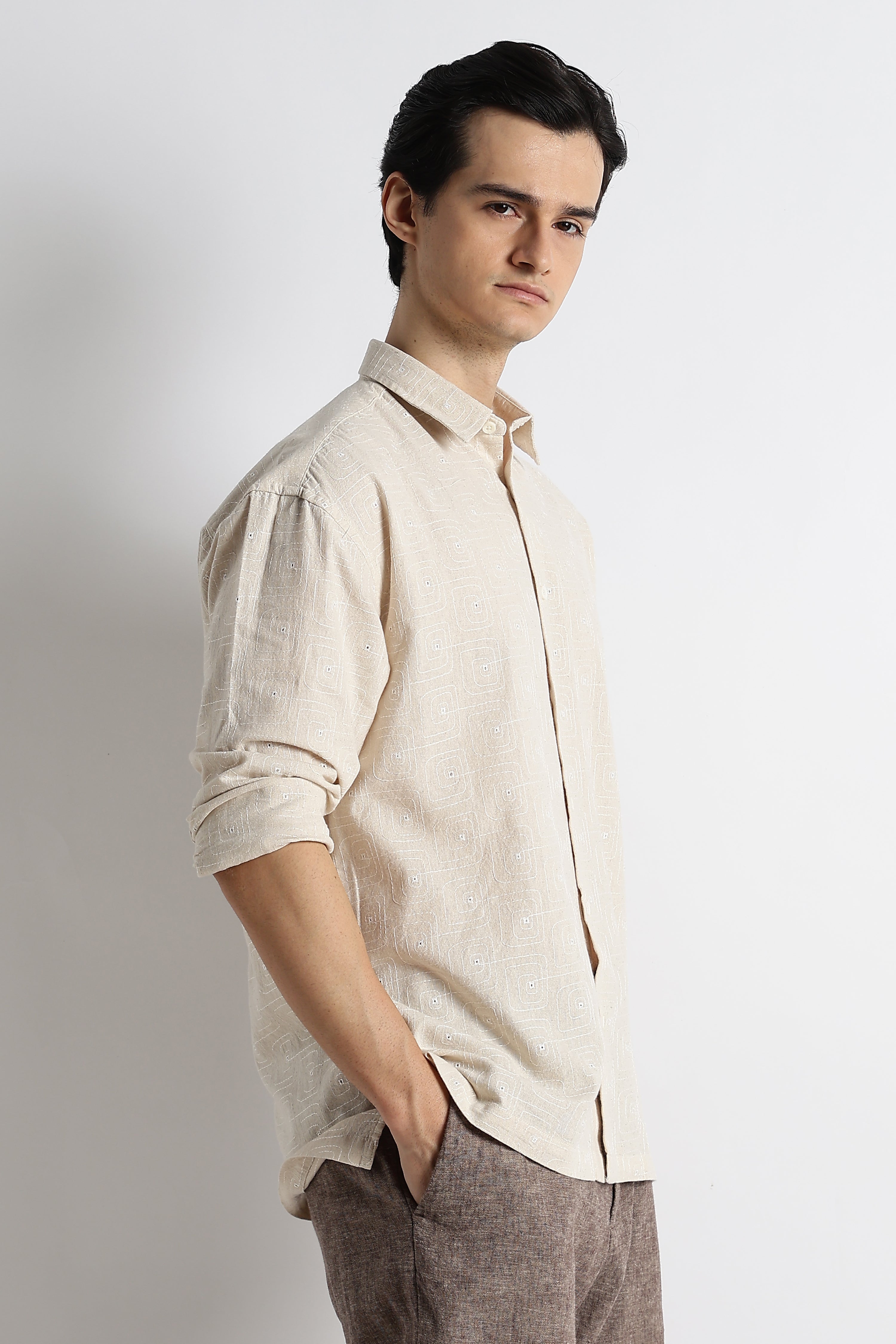 Men Natural Embroidered Cotton Shirt