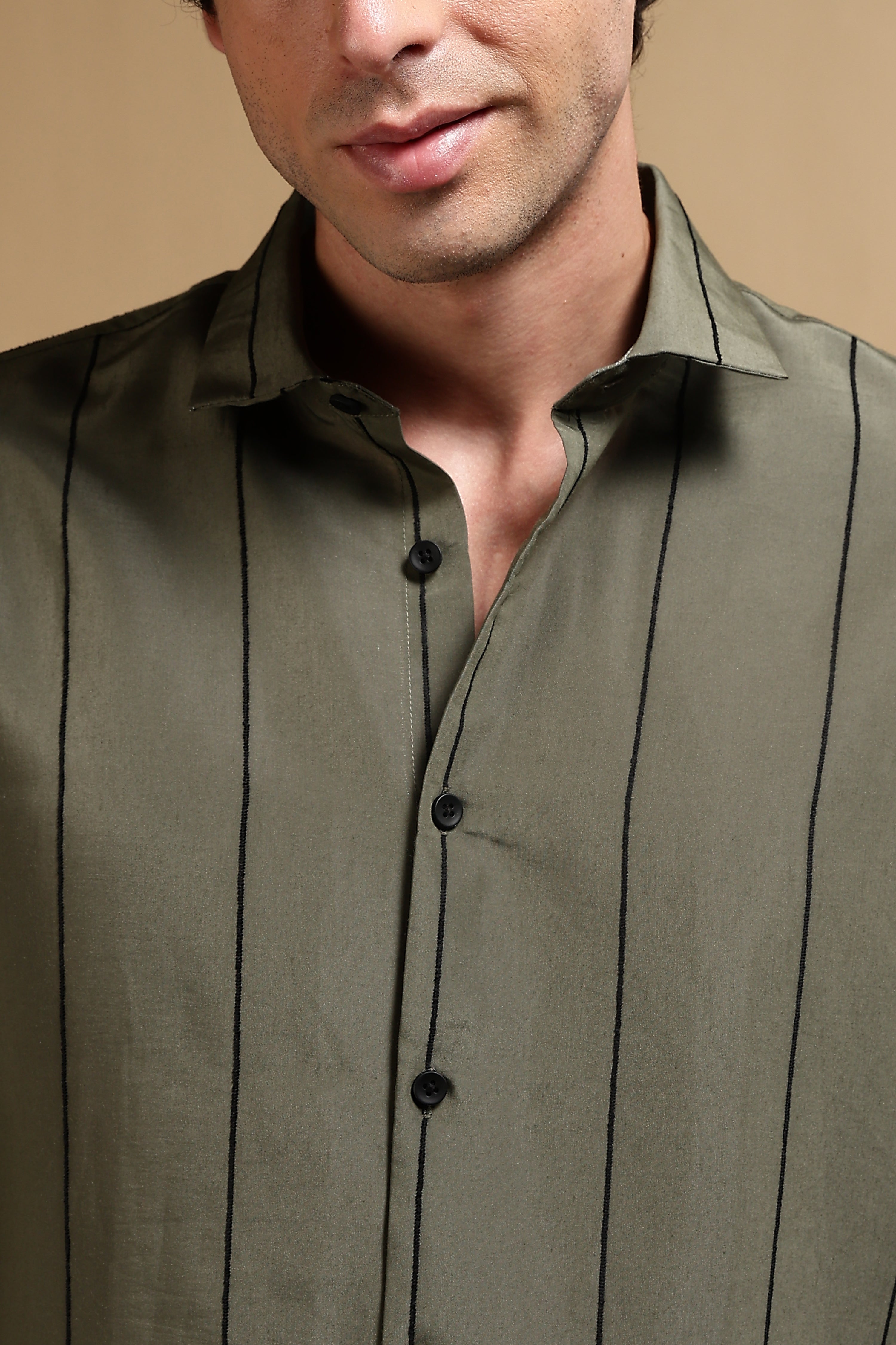Men Olive Nylon Slim Fit Striped Shirt
