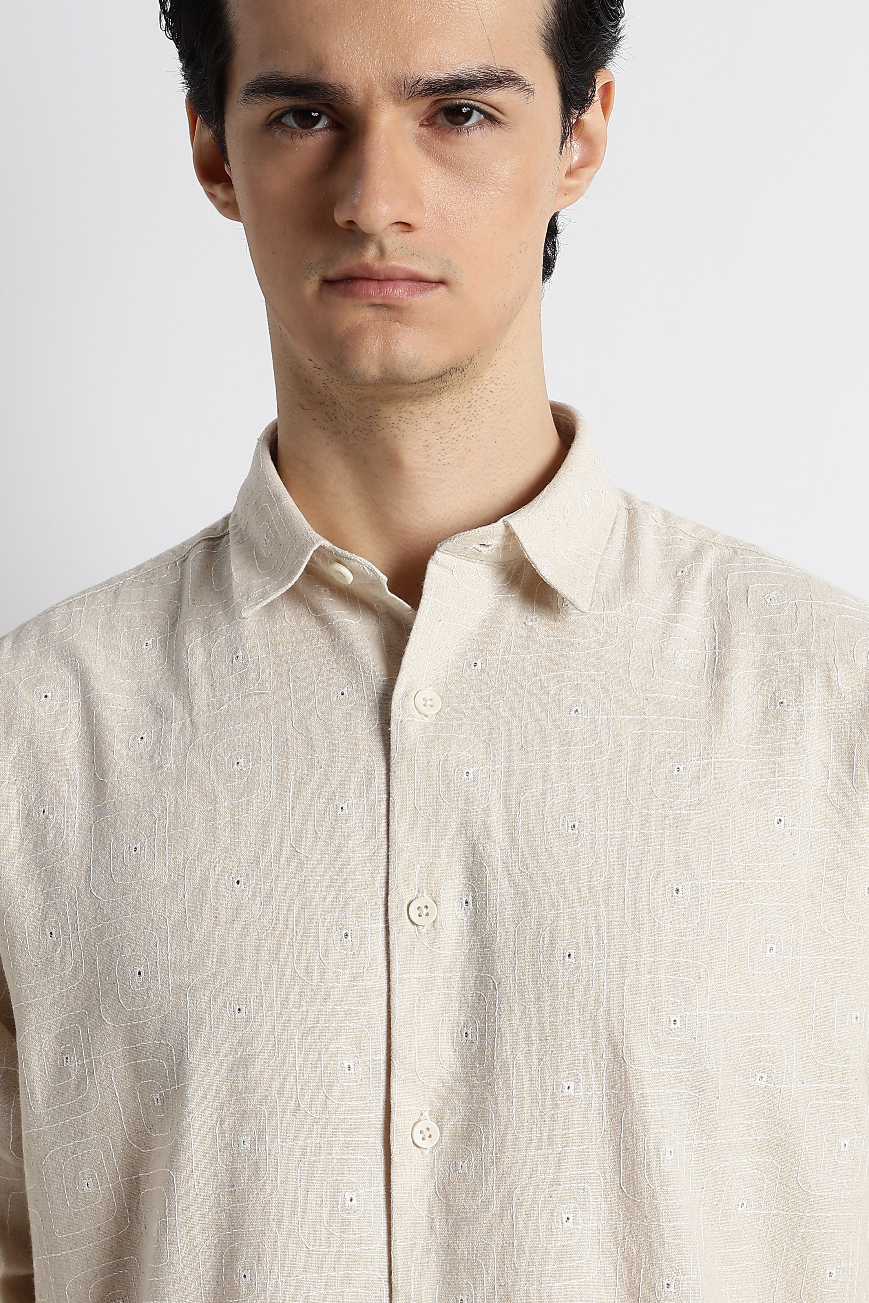 Men Natural Embroidered Cotton Shirt