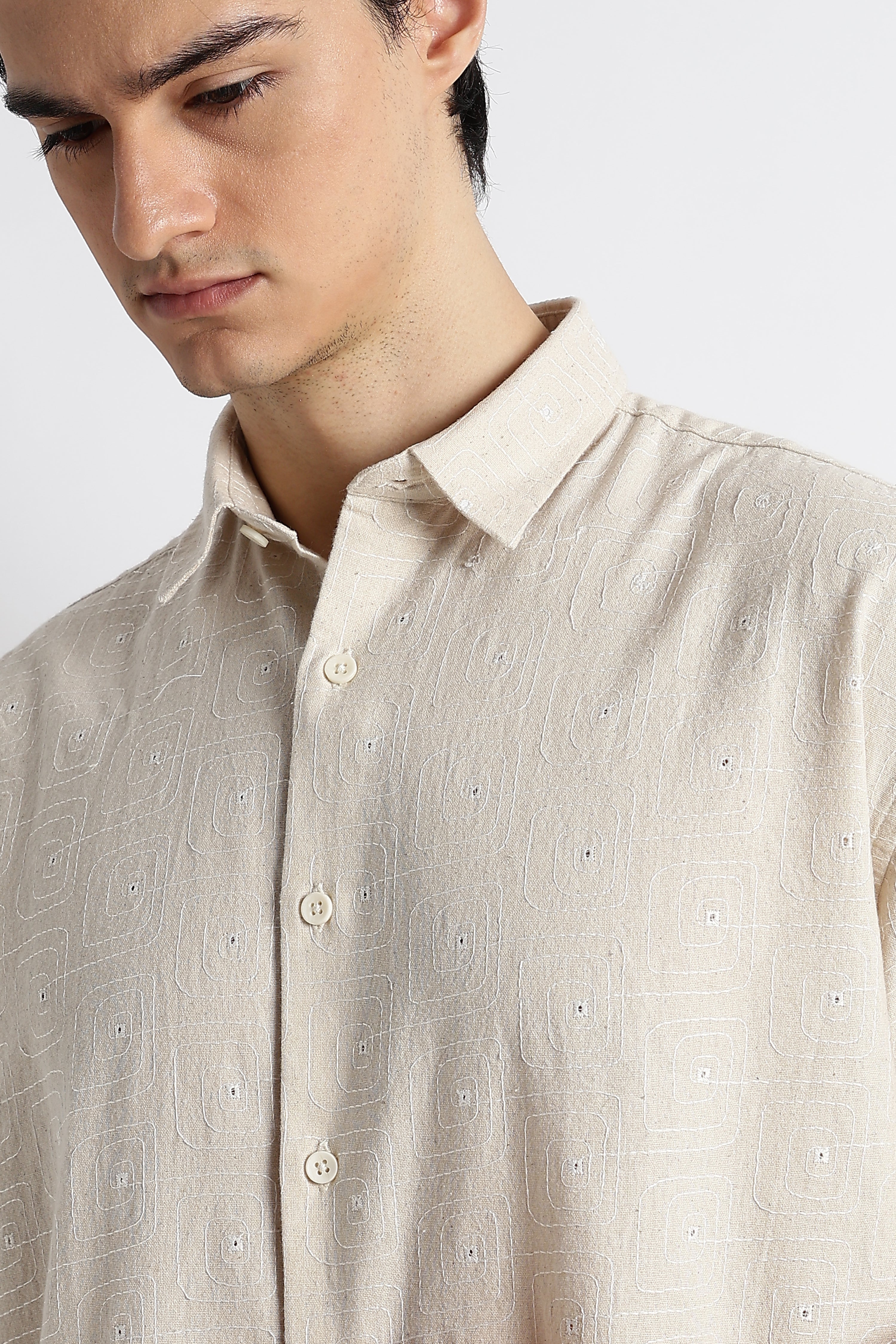 Men Natural Embroidered Cotton Shirt