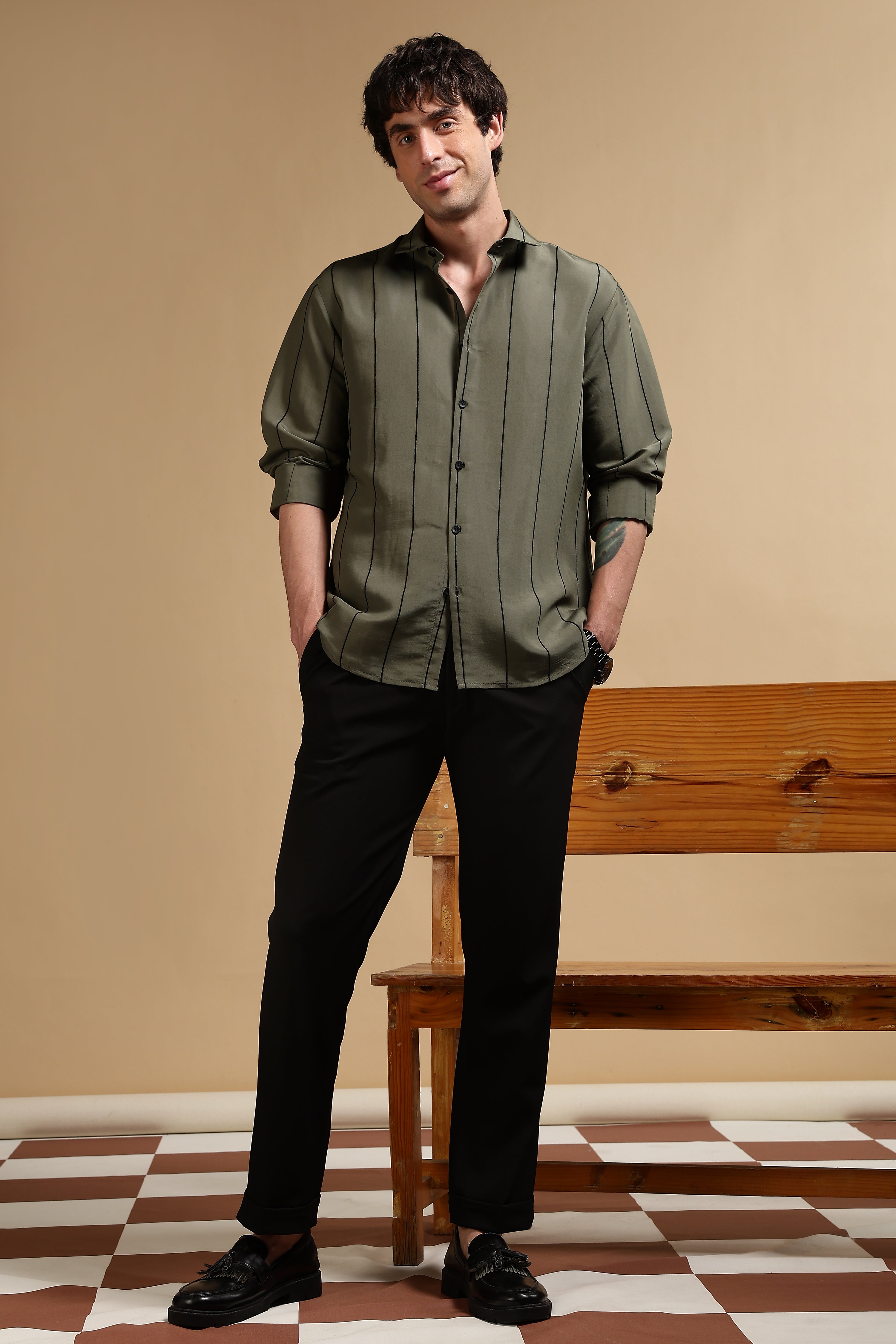 Men Olive Nylon Slim Fit Striped Shirt