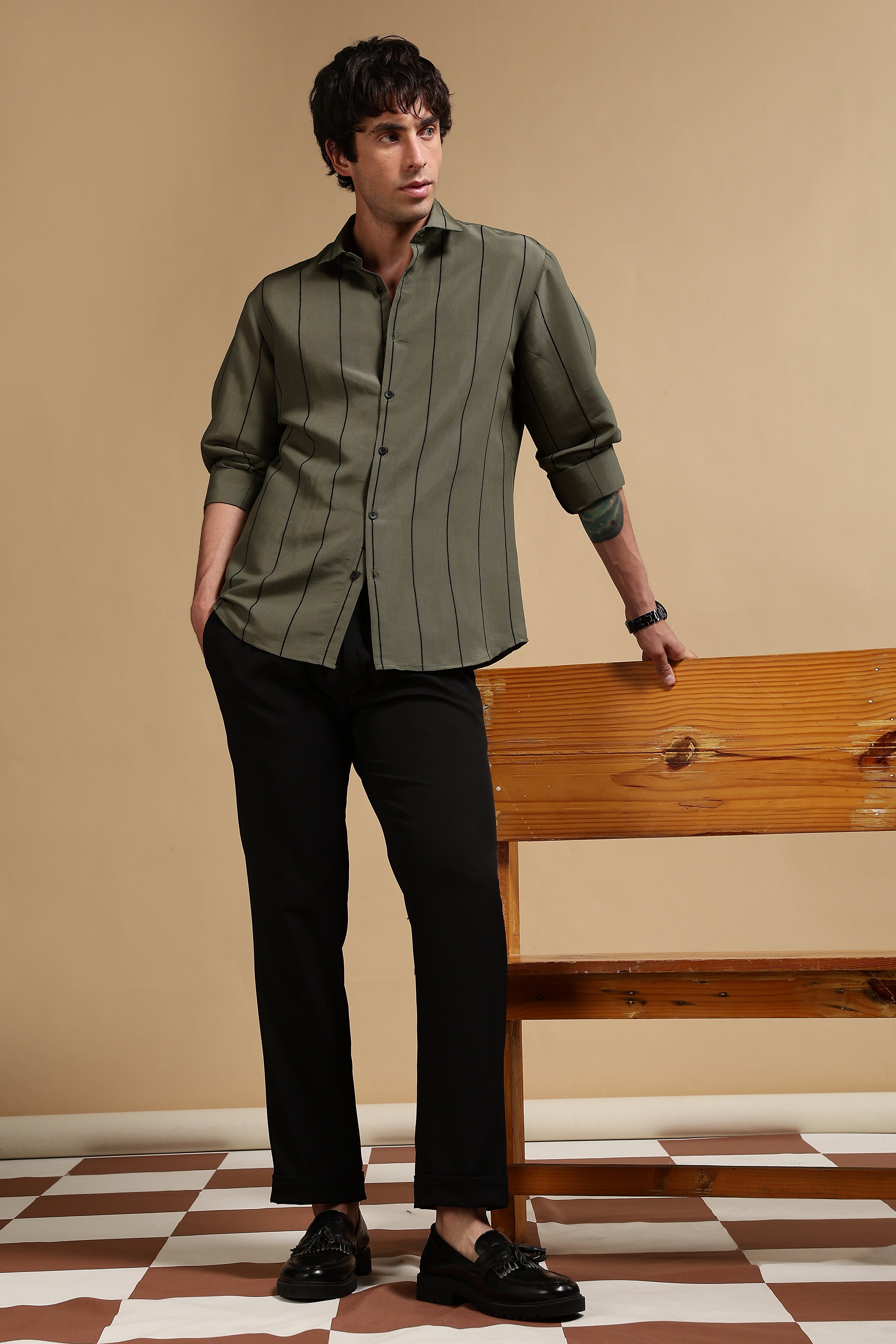 Men Olive Nylon Slim Fit Striped Shirt