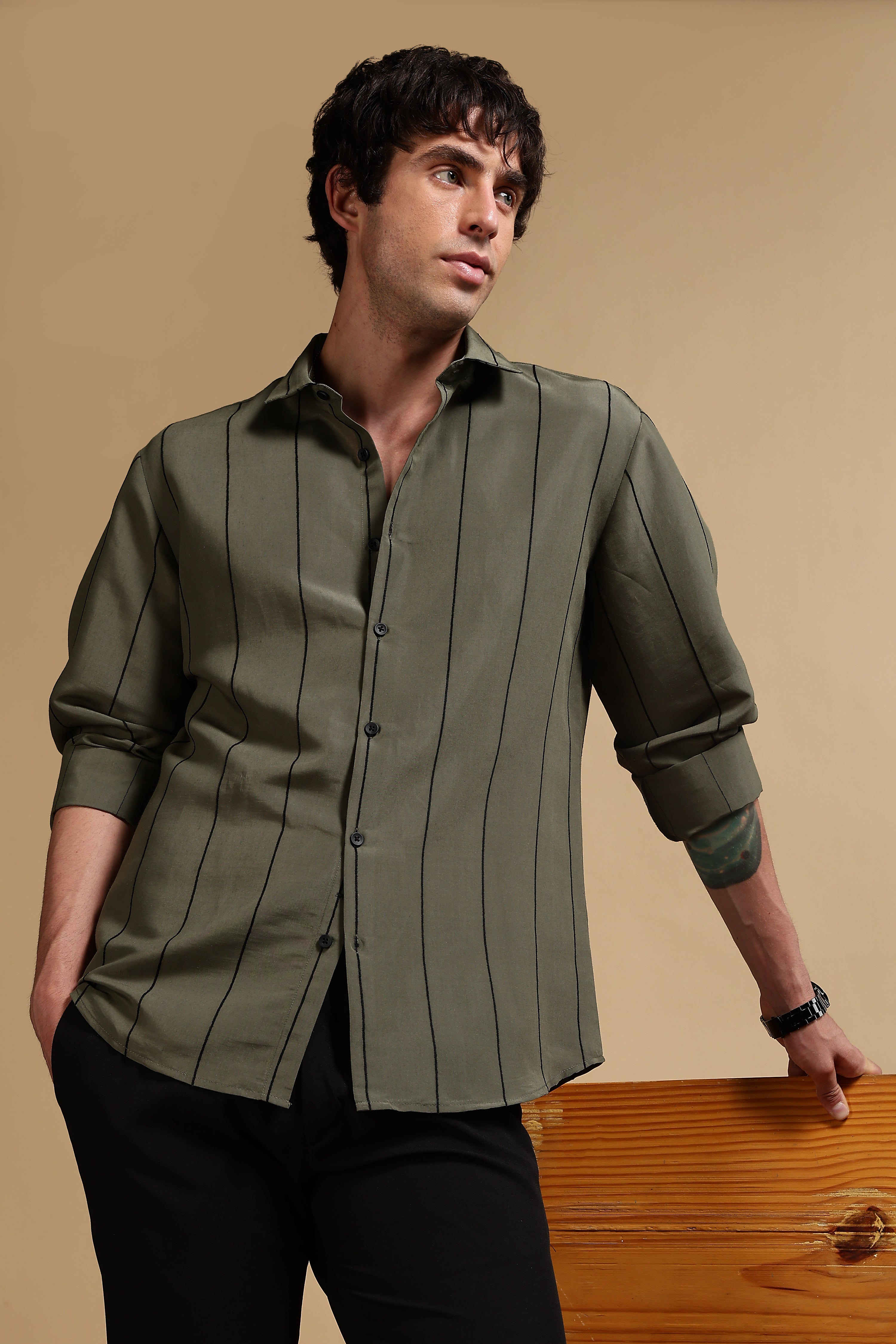 Men Olive Nylon Slim Fit Striped Shirt