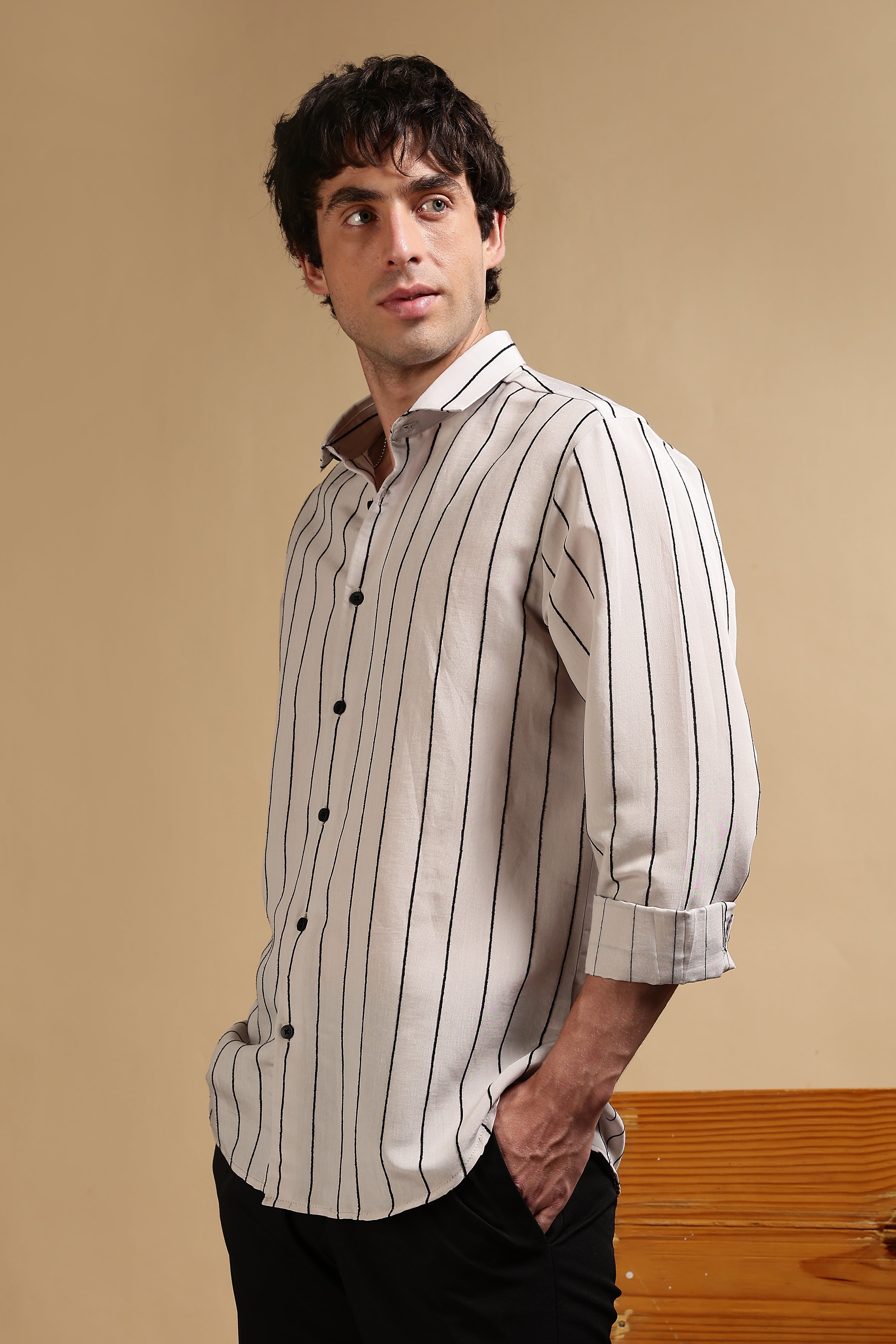 Men Grey Nylon Slim Fit Striped Shirt