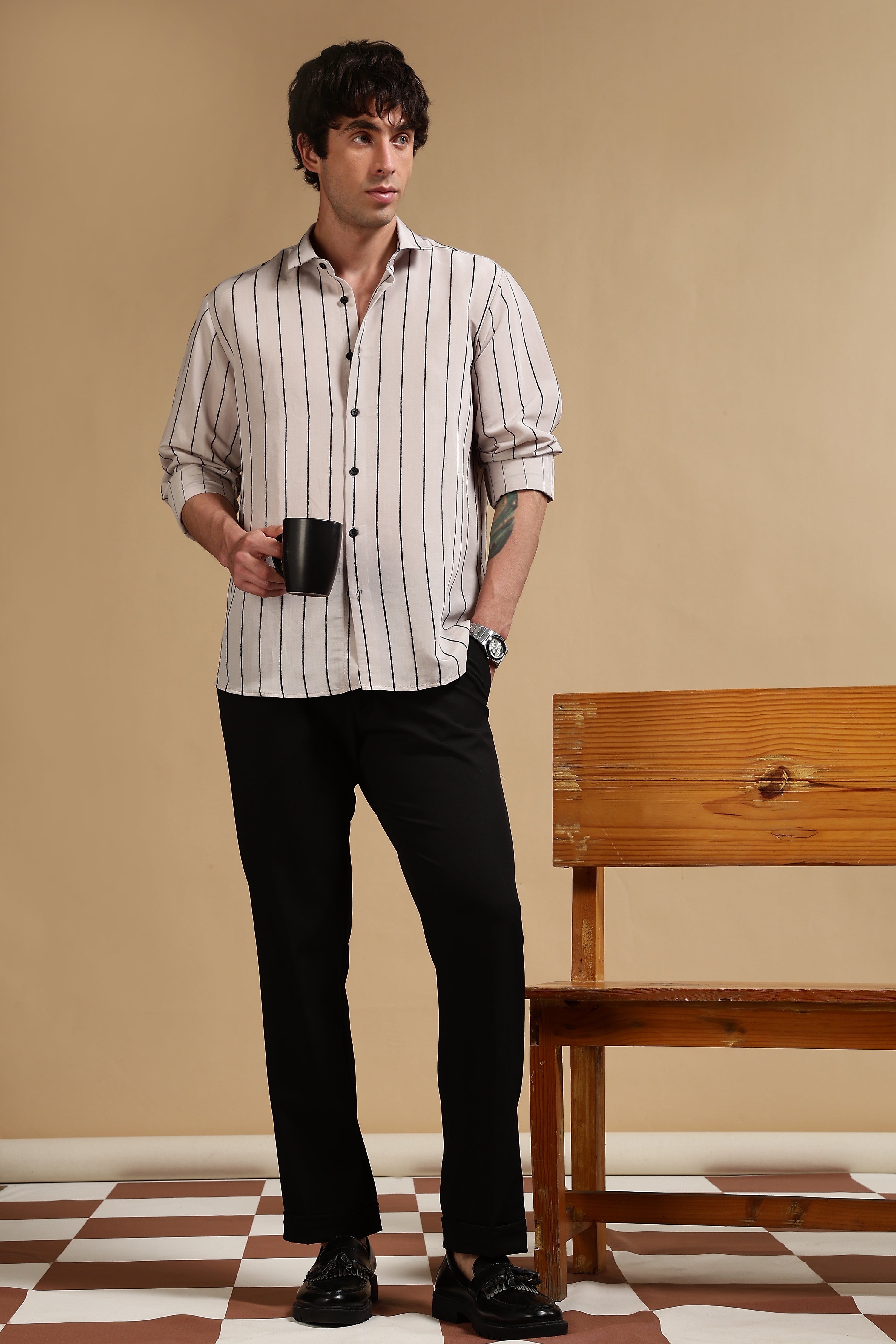 Men Grey Nylon Slim Fit Striped Shirt