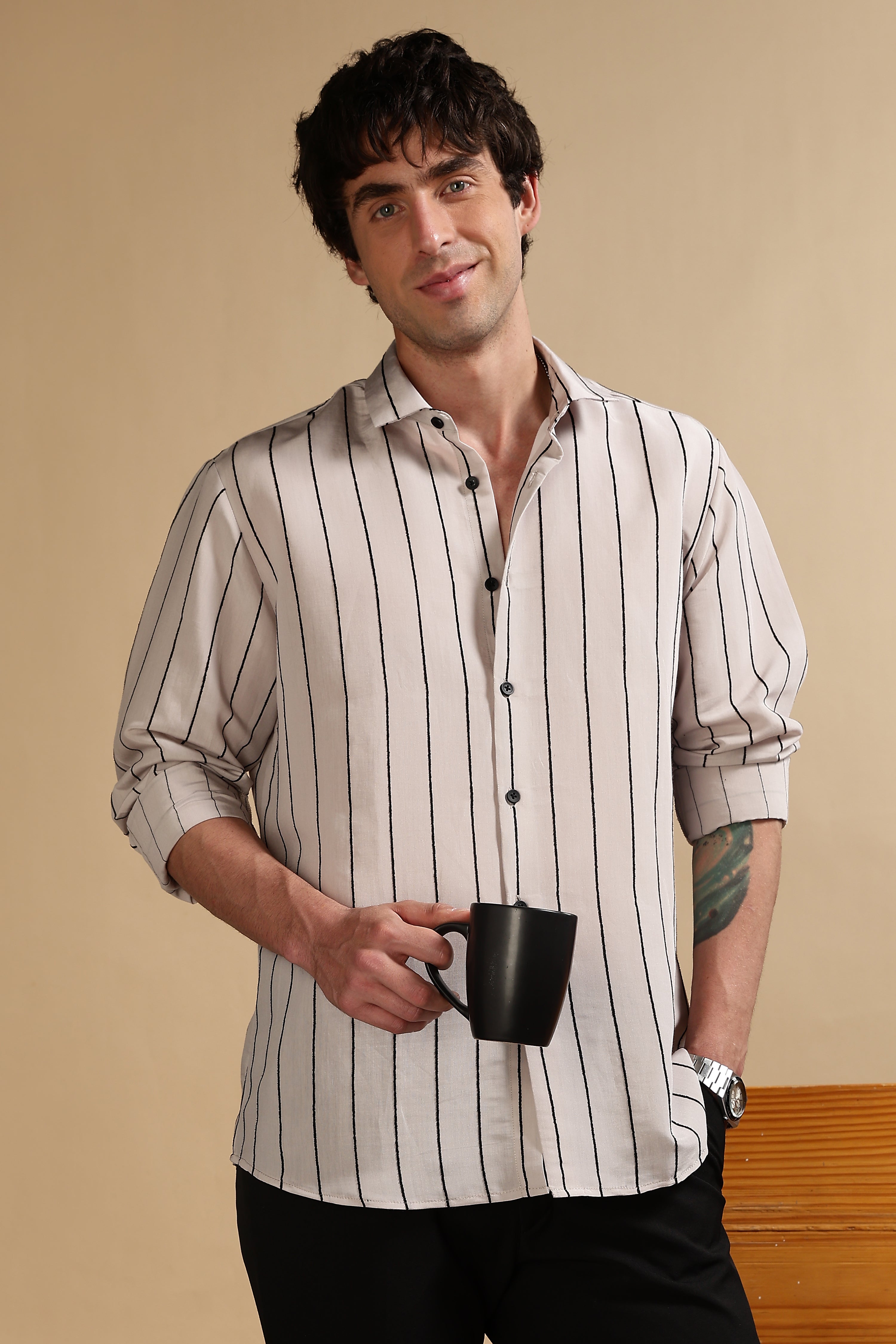 Men Grey Nylon Slim Fit Striped Shirt