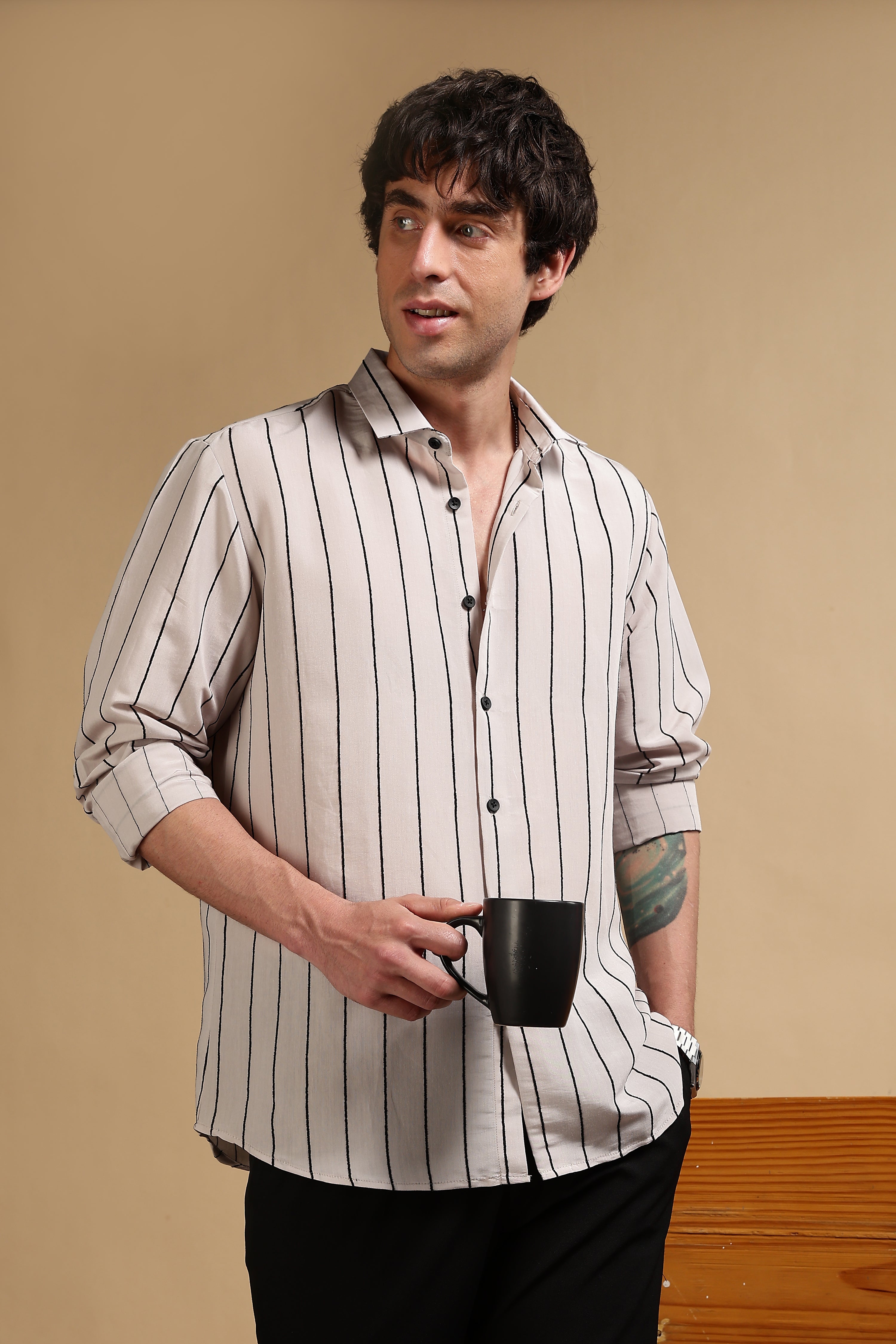 Men Grey Nylon Slim Fit Striped Shirt