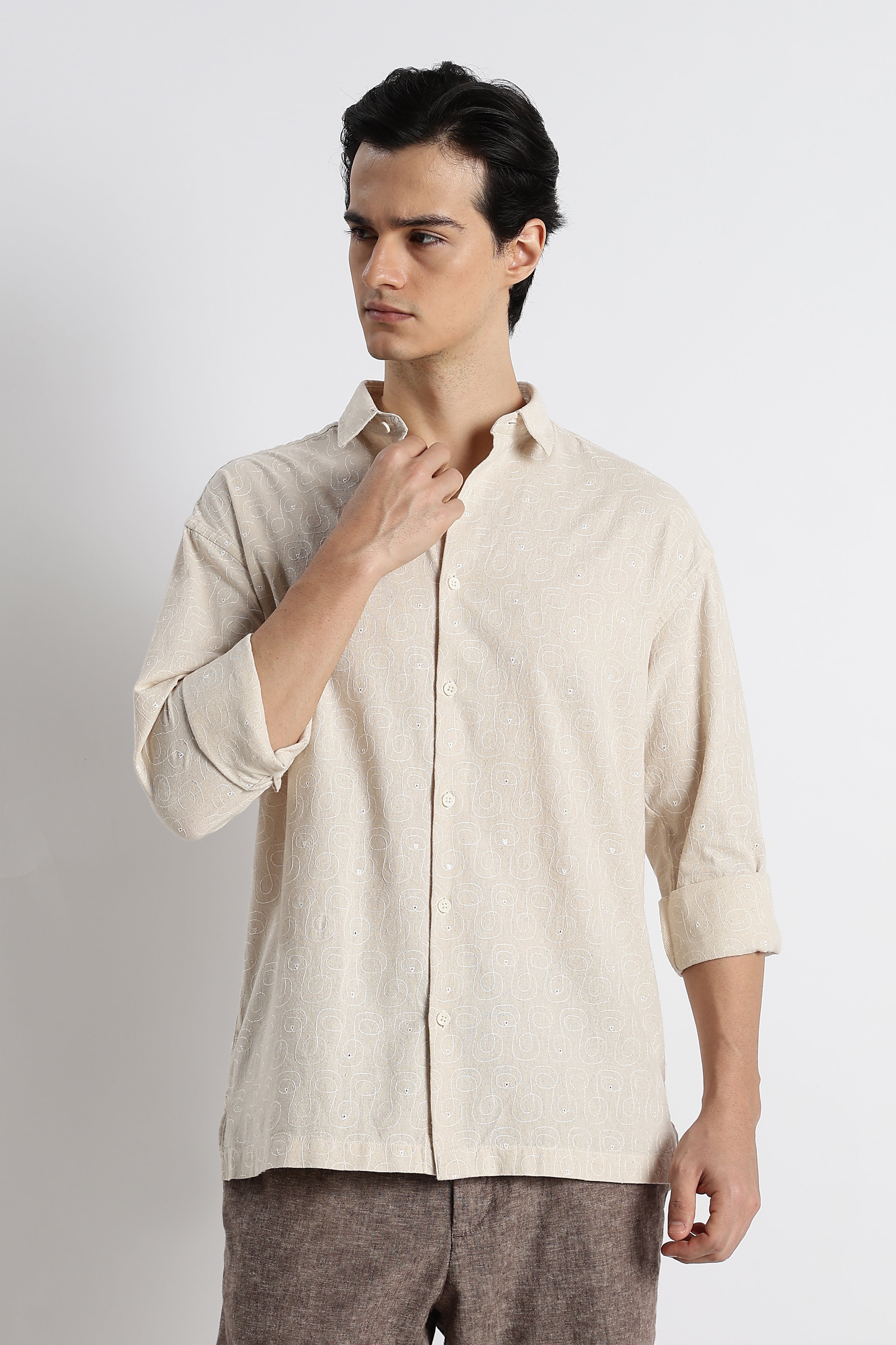Men Natural Embroidered Cotton Shirt