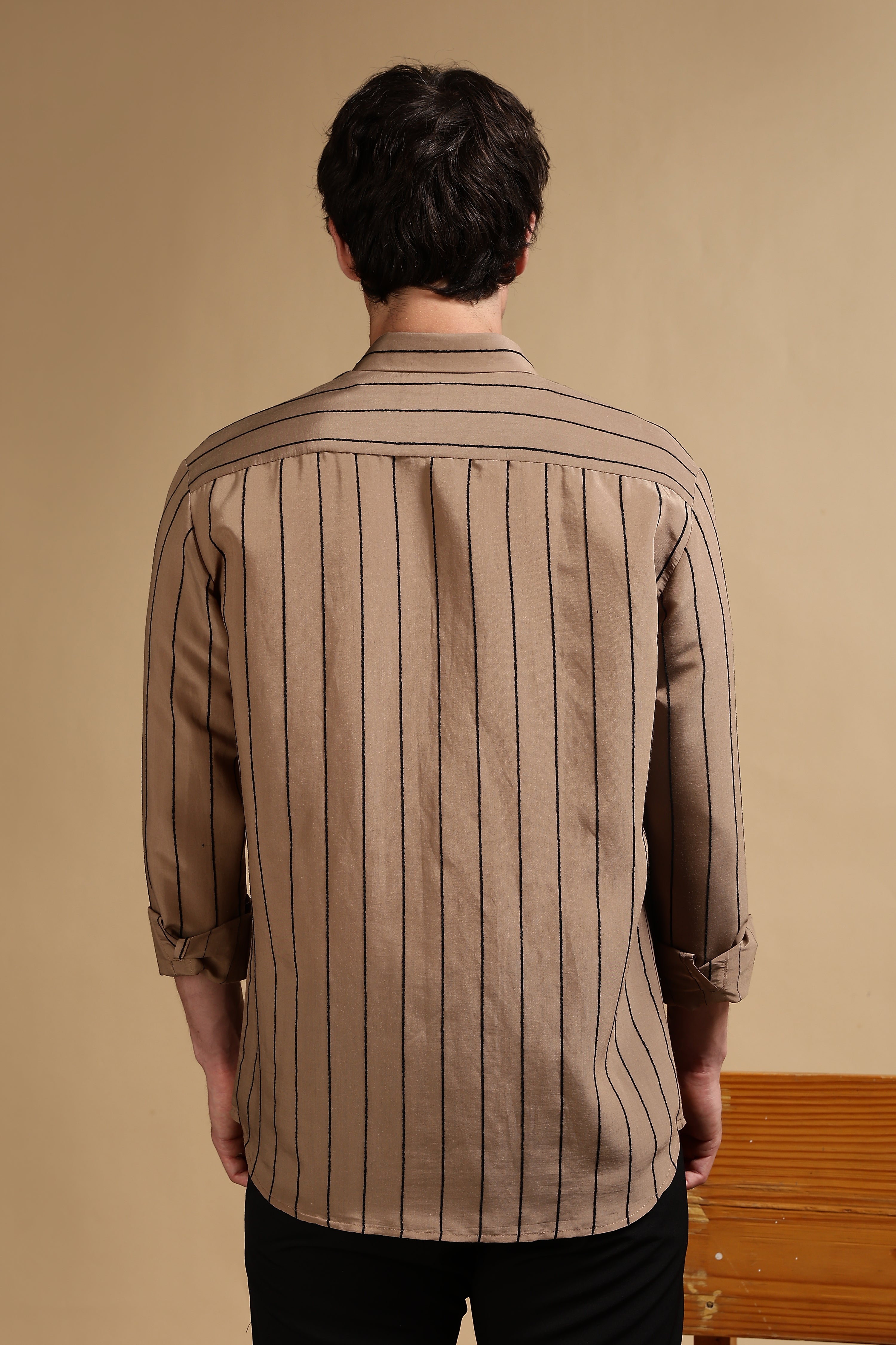 Men Khaki Nylon Slim Fit Striped Shirt