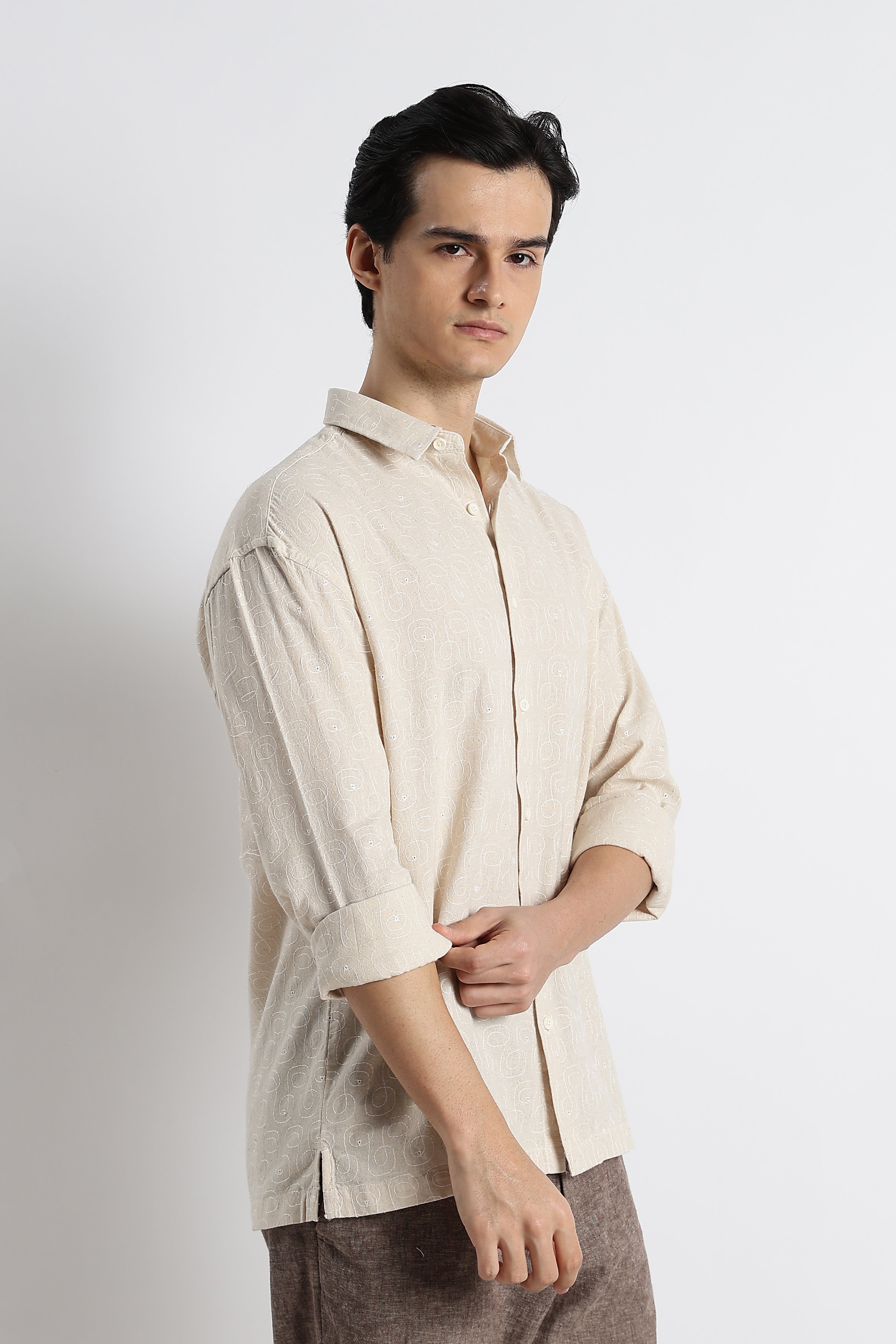 Men Natural Embroidered Cotton Shirt