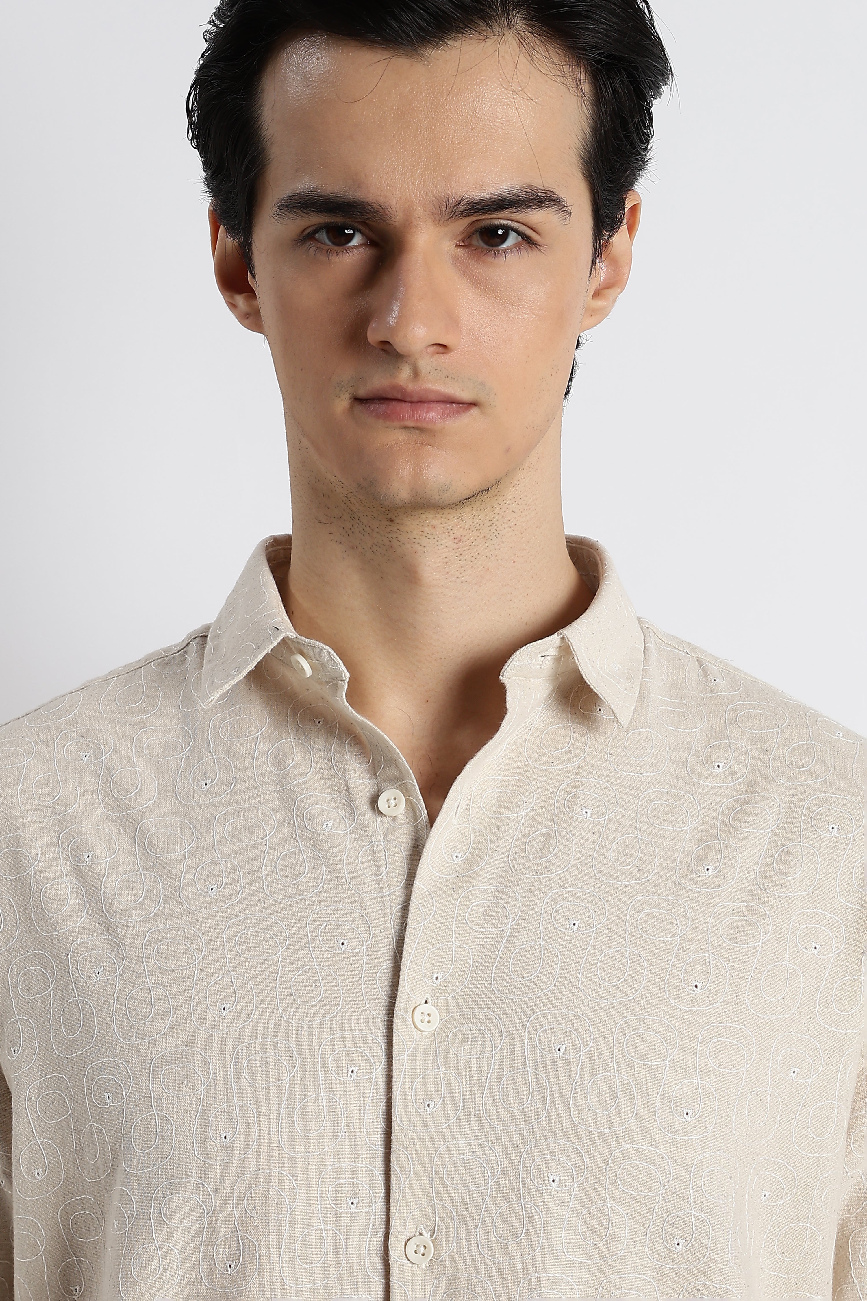 Men Natural Embroidered Cotton Shirt