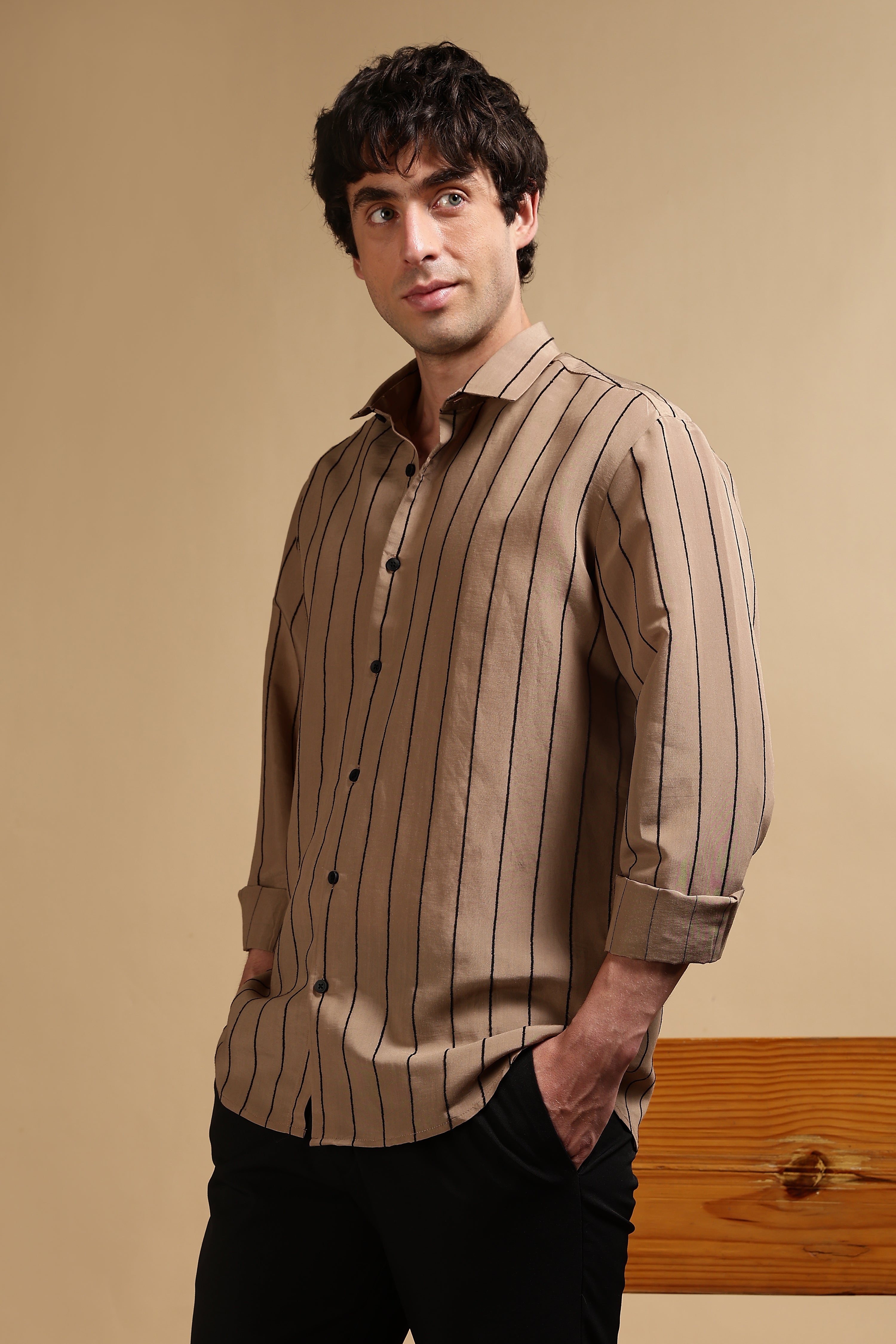 Men Khaki Nylon Slim Fit Striped Shirt