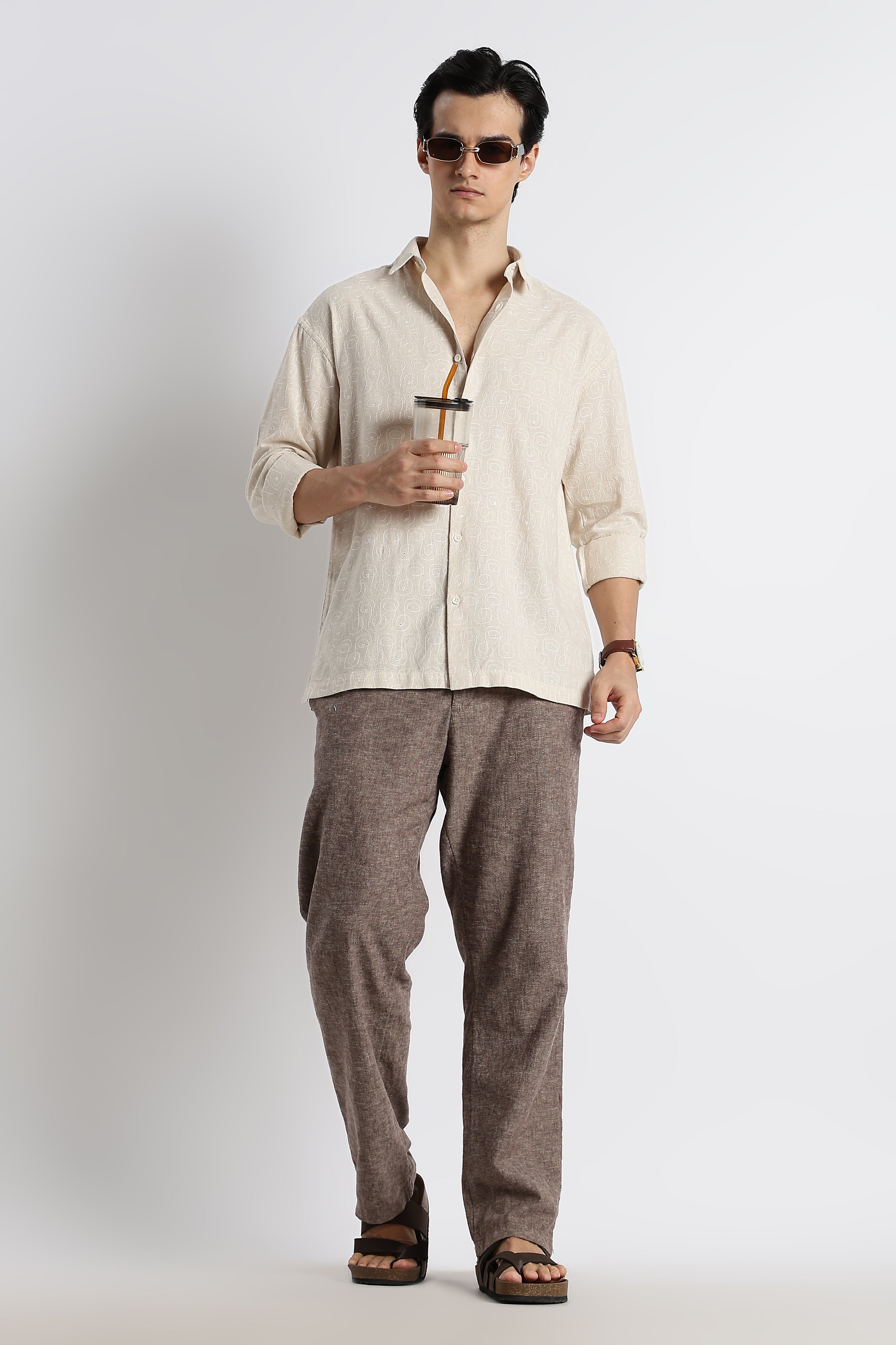 Men Natural Embroidered Cotton Shirt