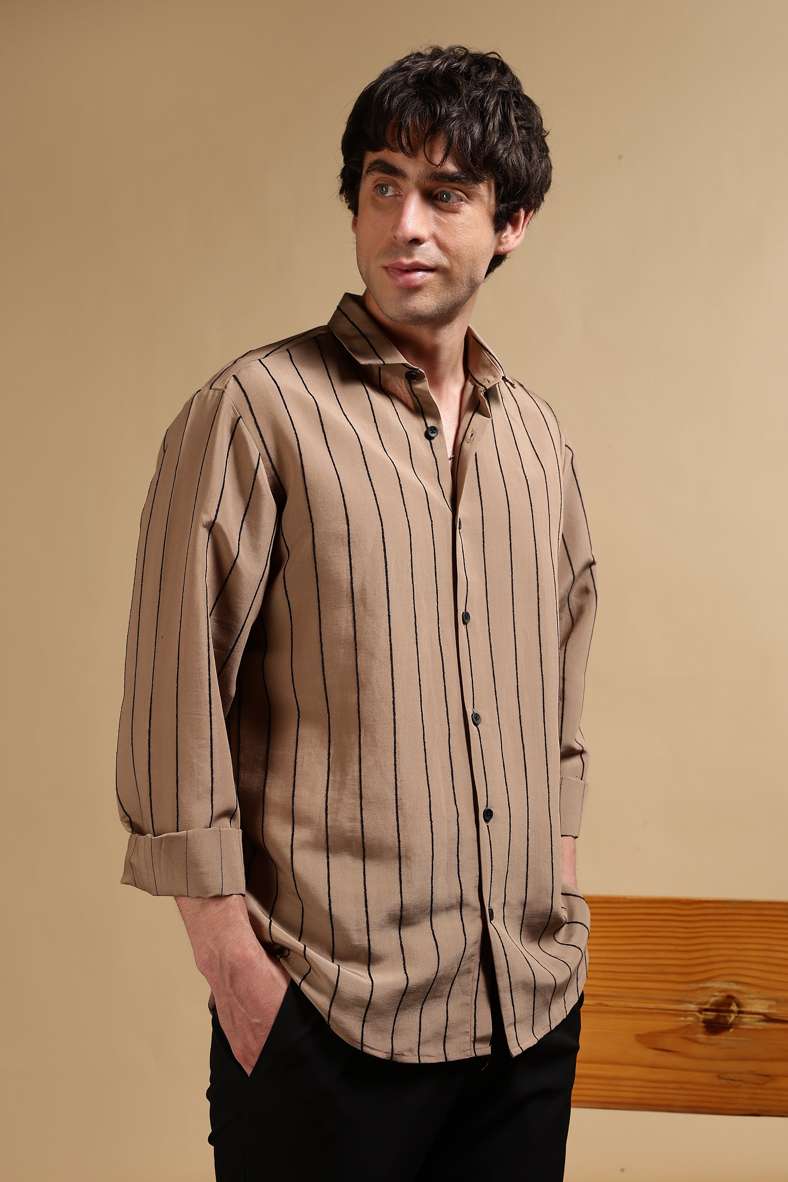 Men Khaki Nylon Slim Fit Striped Shirt