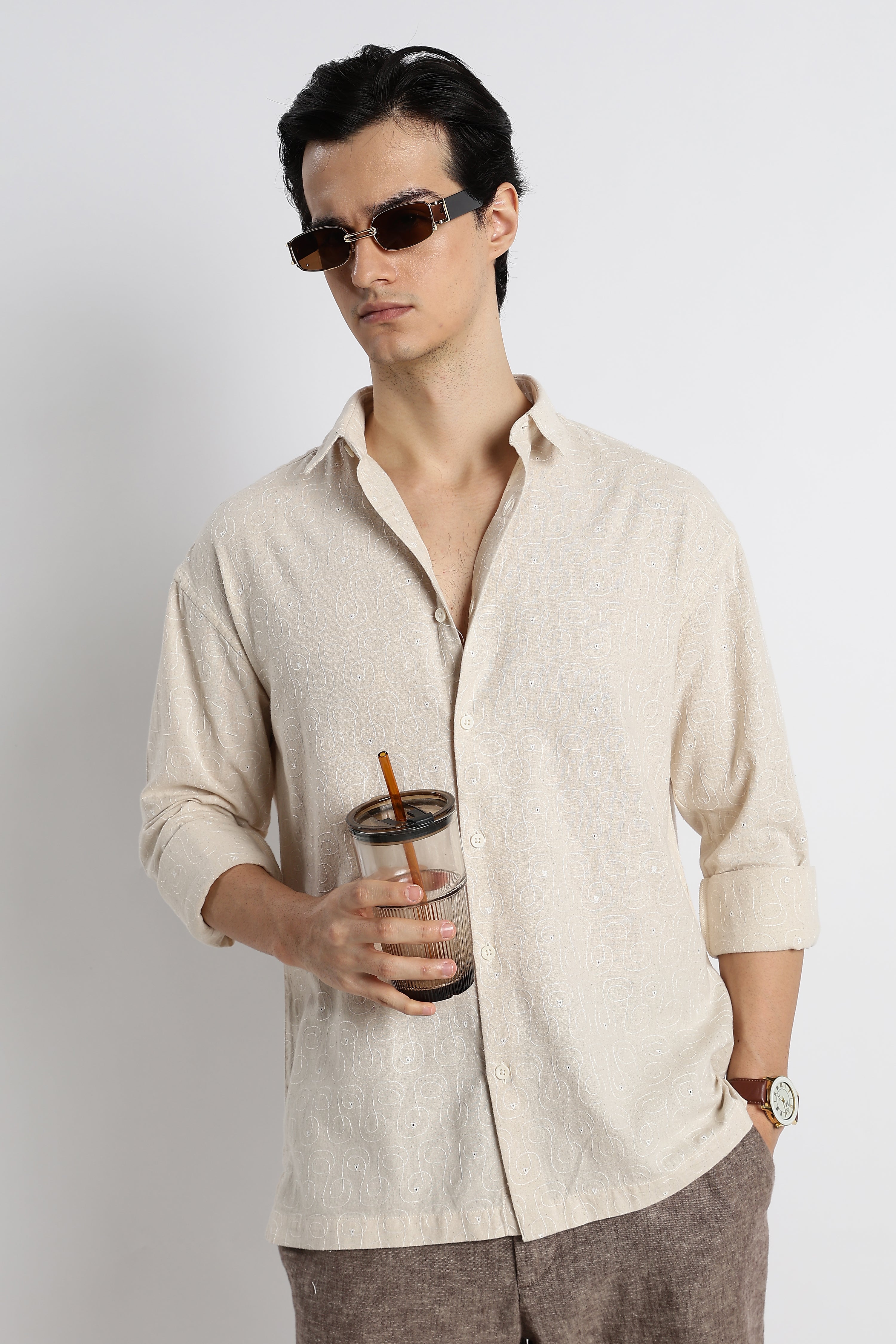 Men Natural Embroidered Cotton Shirt