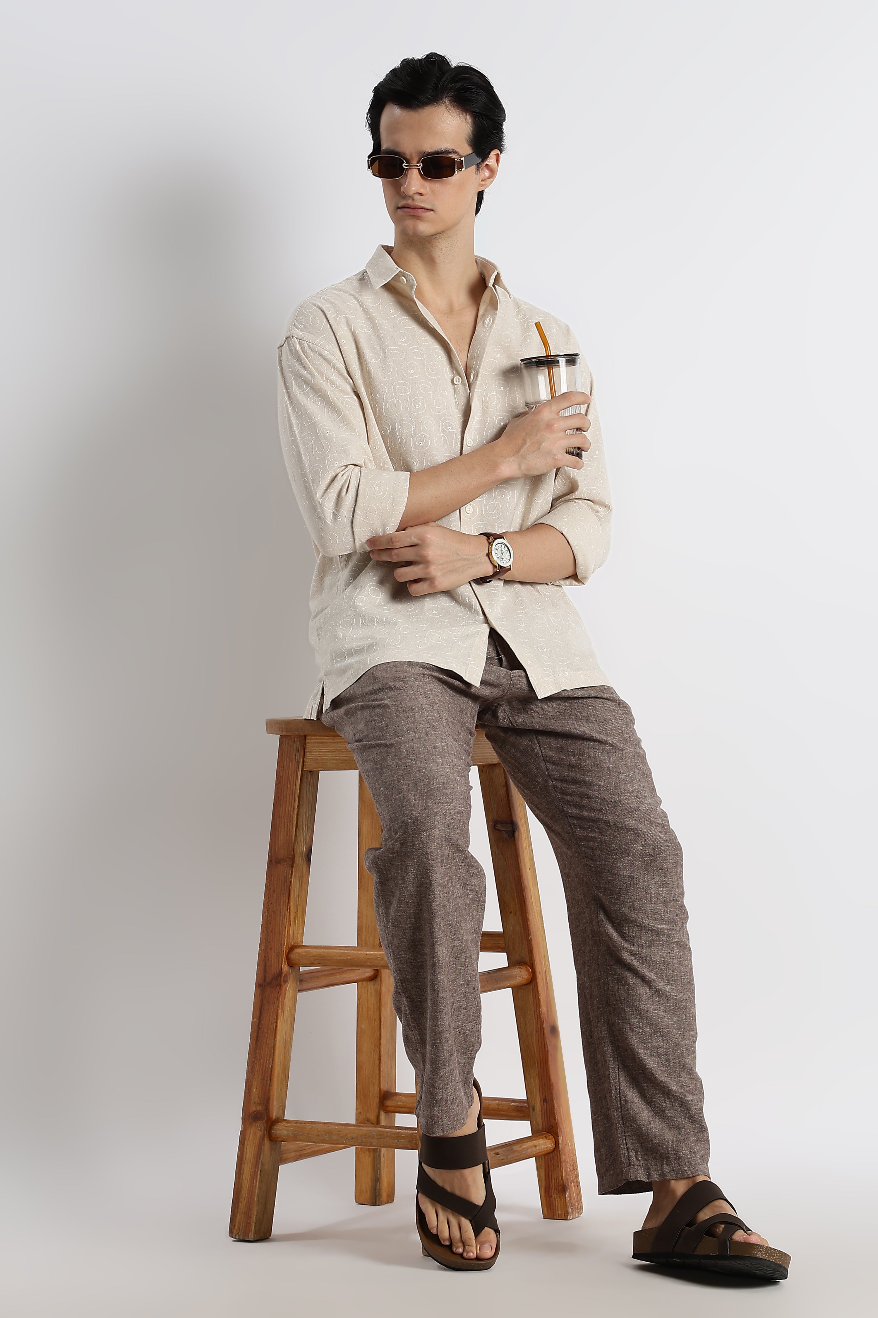 Men Natural Embroidered Cotton Shirt